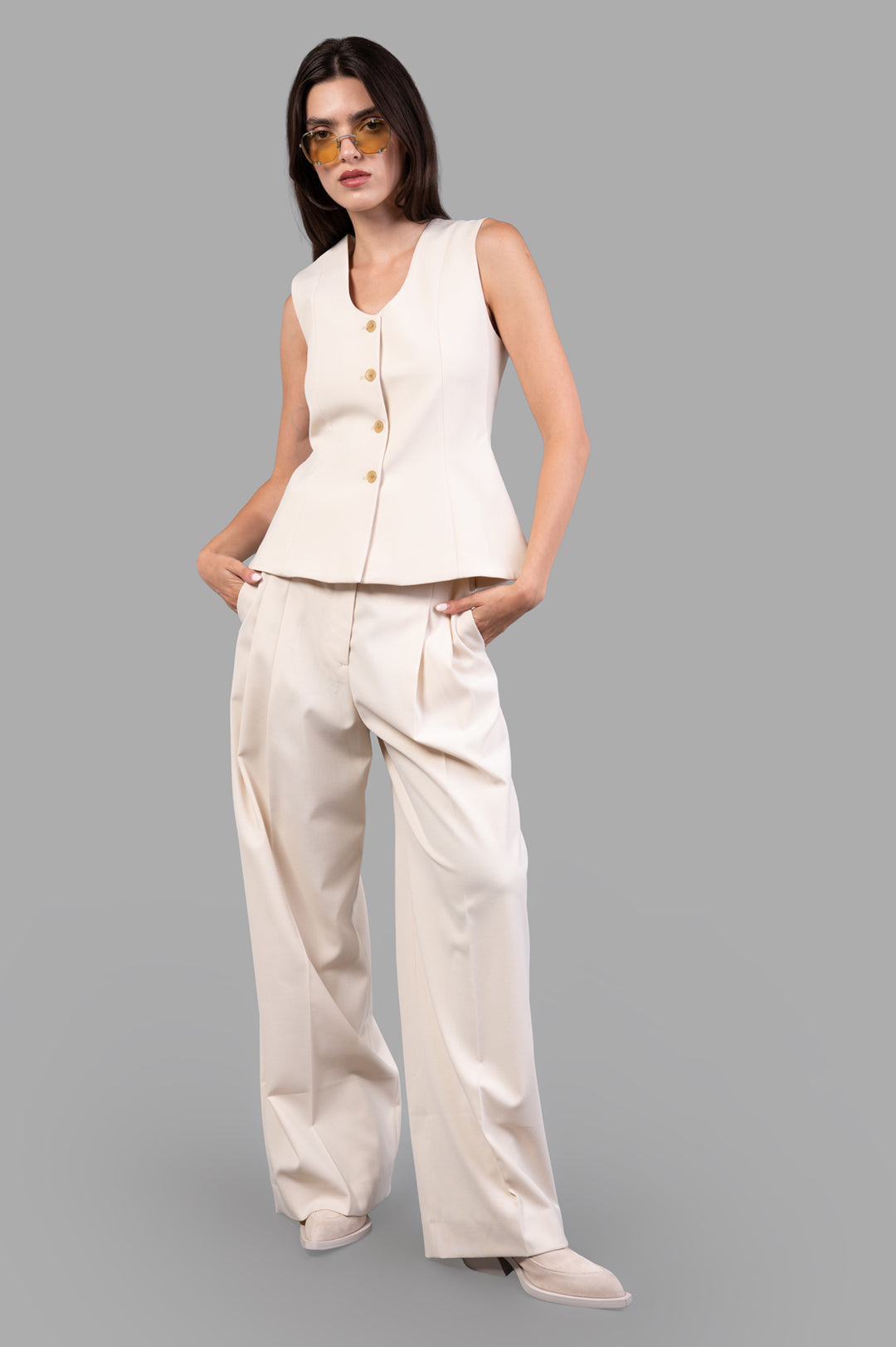 By Malene Birger Merlin Waistcoat in Pearl, front view, showcasing button closure and tailored fit on model.