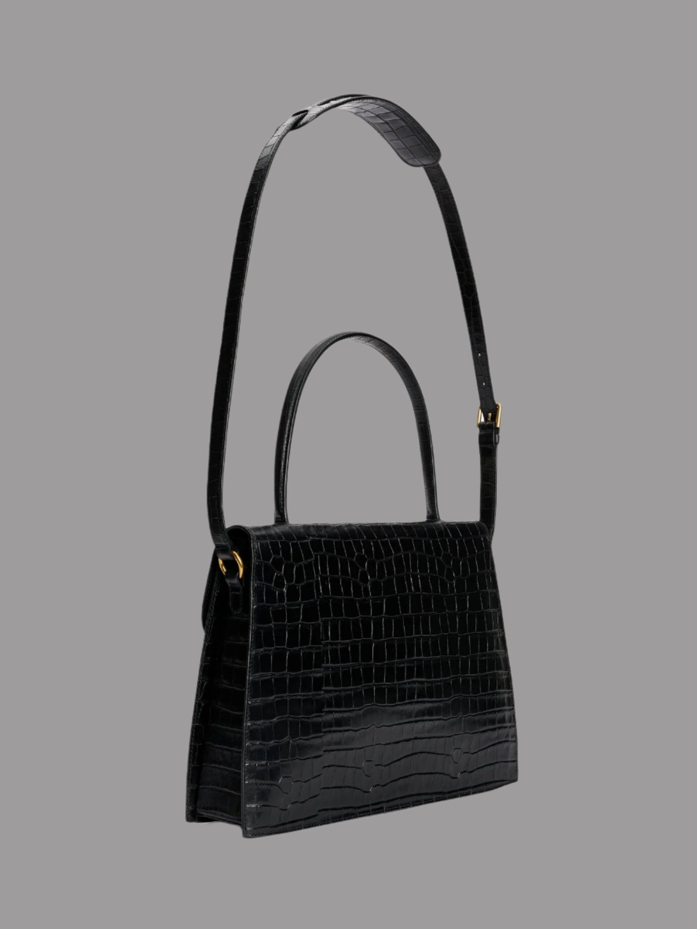 By Malene Birger Ronlas Leather Shoulder Bag displayed in black croco-embossed leather, showcasing side angle with hardware.