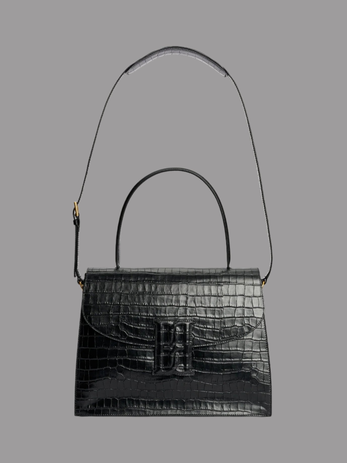 By Malene Birger Ronlas Leather Shoulder Bag in black croco-embossed leather, front view with top handle and strap.