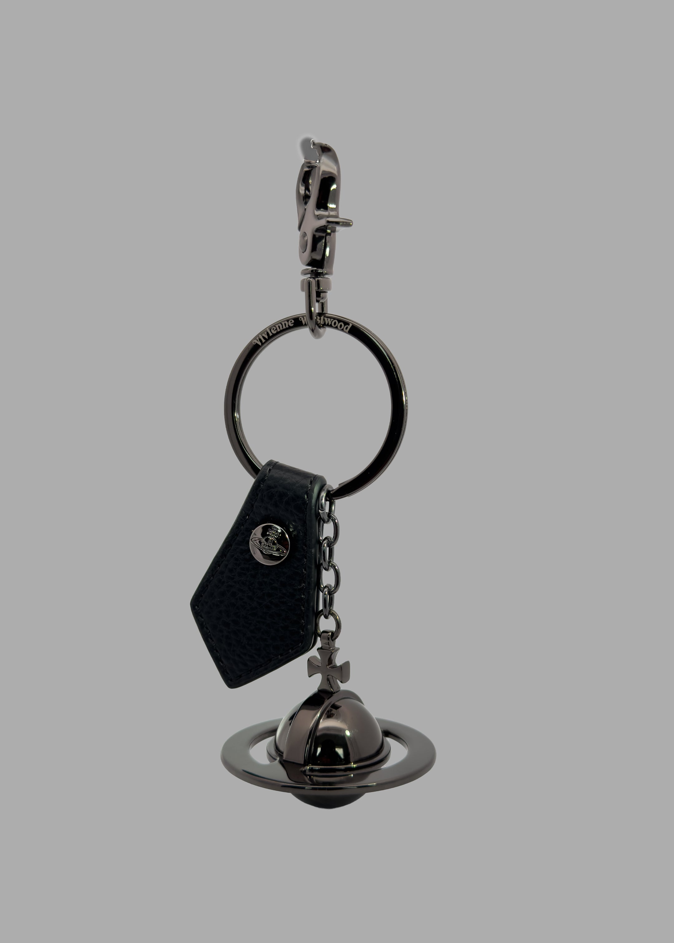 Vivienne Westwood 3D Orb Keyring in Black, front view with gunmetal orb charm, leather tag, keyring and clasp.