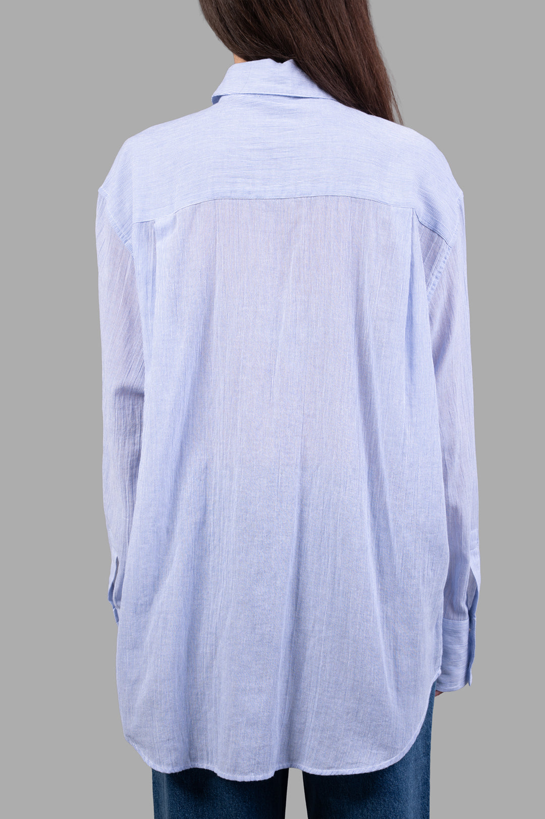 Anine Bing Striped Plaza Shirt, back view showcasing lightweight blue and white striped cotton fabric and relaxed fit.