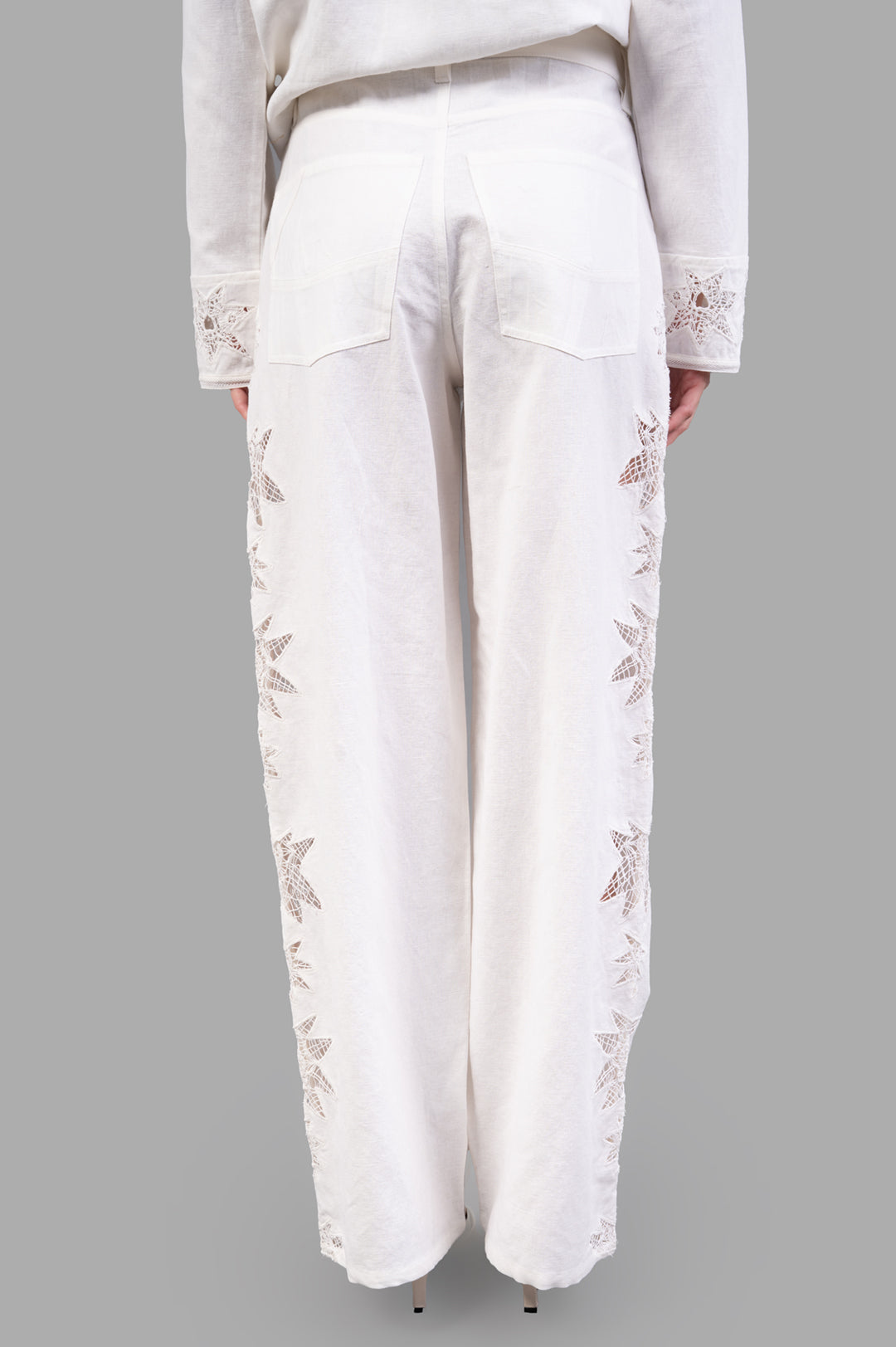 Zadig & Voltaire Elfy Cotton Wide-leg Pants, off-white, showing back detail with delicate lace trim and pockets.