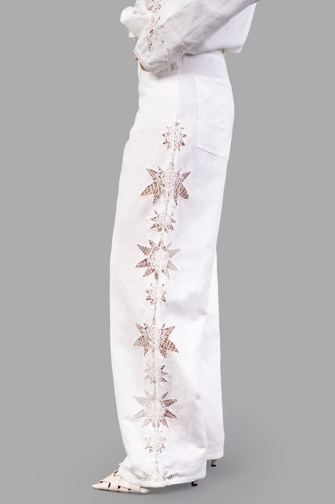 Zadig & Voltaire Elfy Cotton Wide-leg Pants showcasing side view with intricate embroidery detail and flowing silhouette.