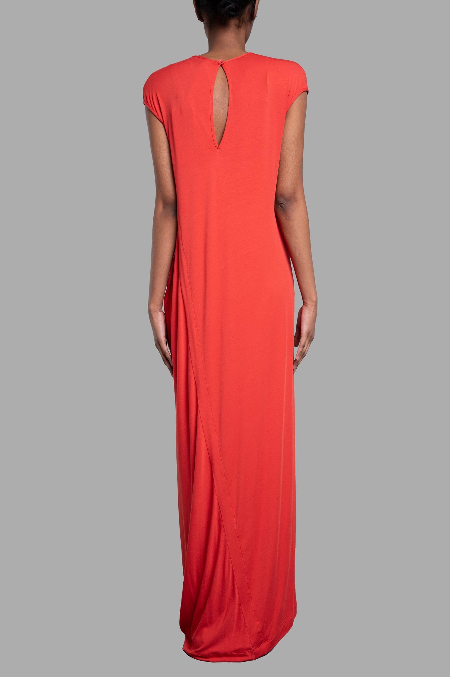 Gentry Portofino Paneled Column Dress, showing the back with a keyhole detail, in soft coral jersey fabric for a relaxed fit.