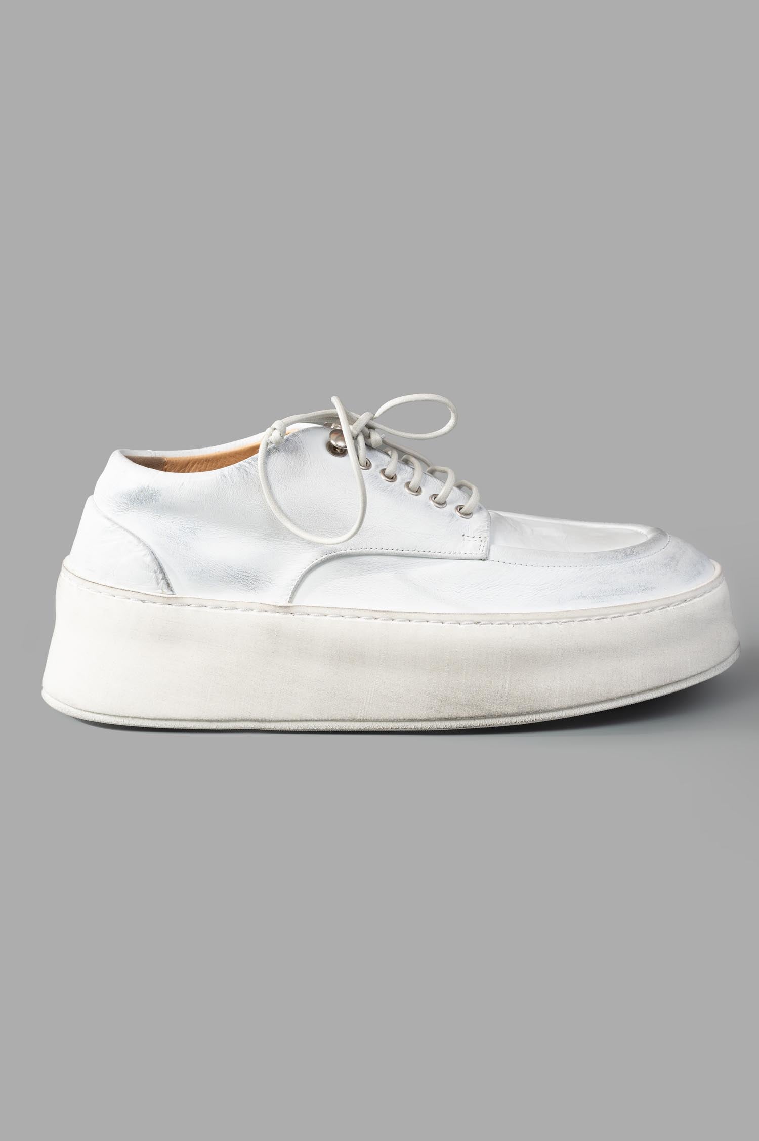 Marsèll Cassapana Derby Shoes side view showcasing high platform and long quarters in white/grey leather.