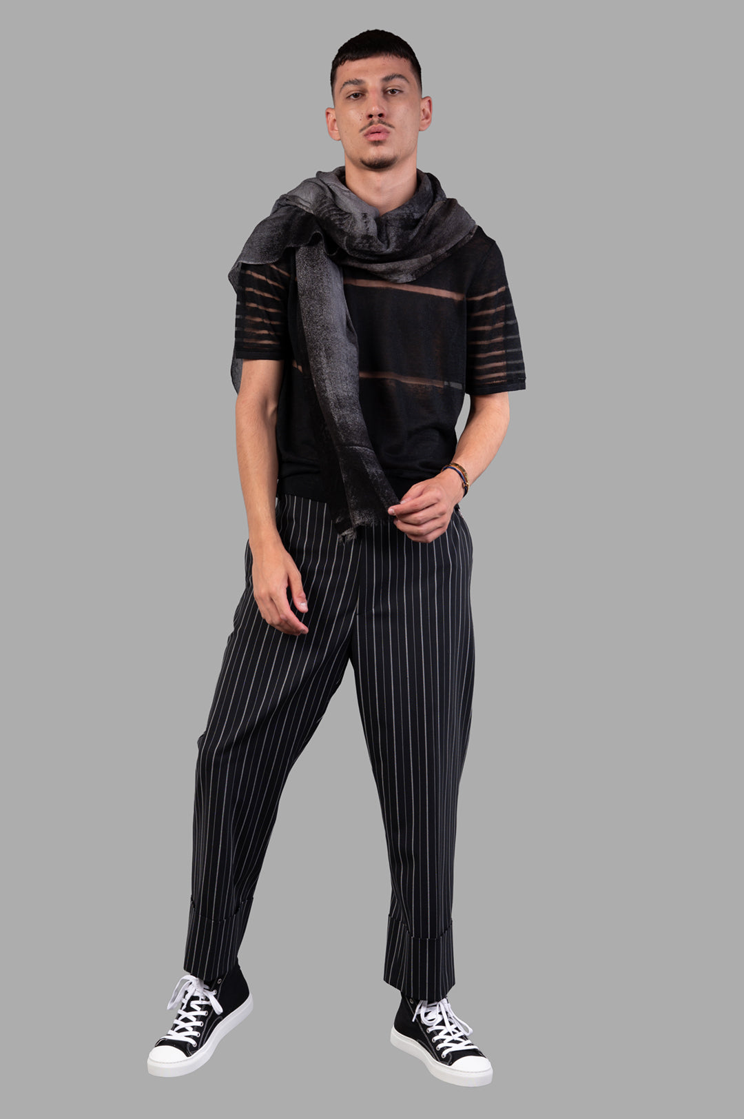 Vivienne Westwood Sheer Stripe Tee in Black, front view on model, featuring lightweight linen and knitted sheer stripes.