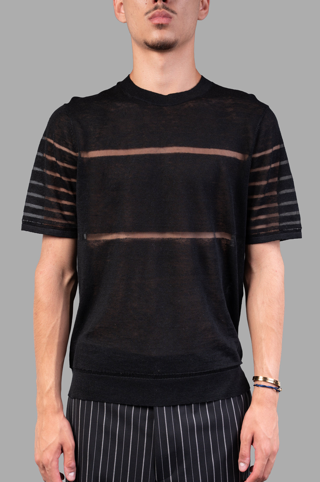 Vivienne Westwood Sheer Stripe Tee in Black, featuring a close-up view of the lightweight linen design with sheer stripe.