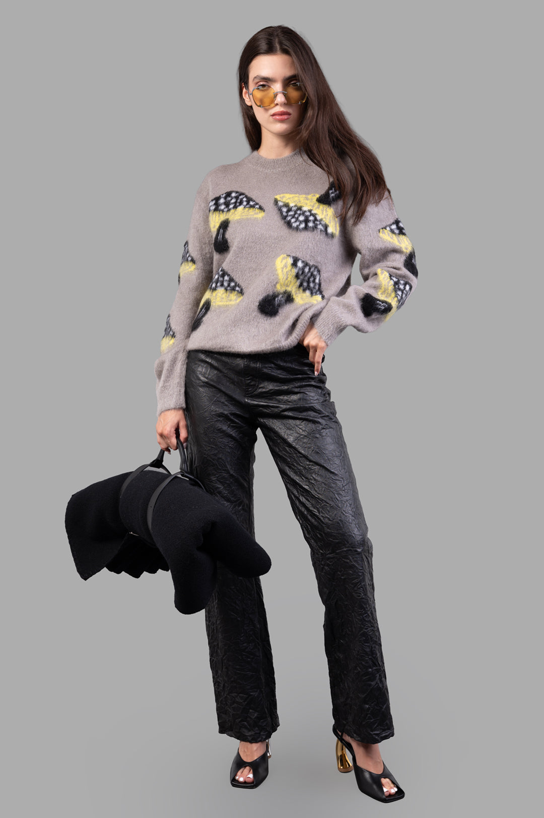 MSGM grey Mushroom-intarsia Sweater with speckled mushroom pattern, long sleeves, and crew neck, seen on-model front view.