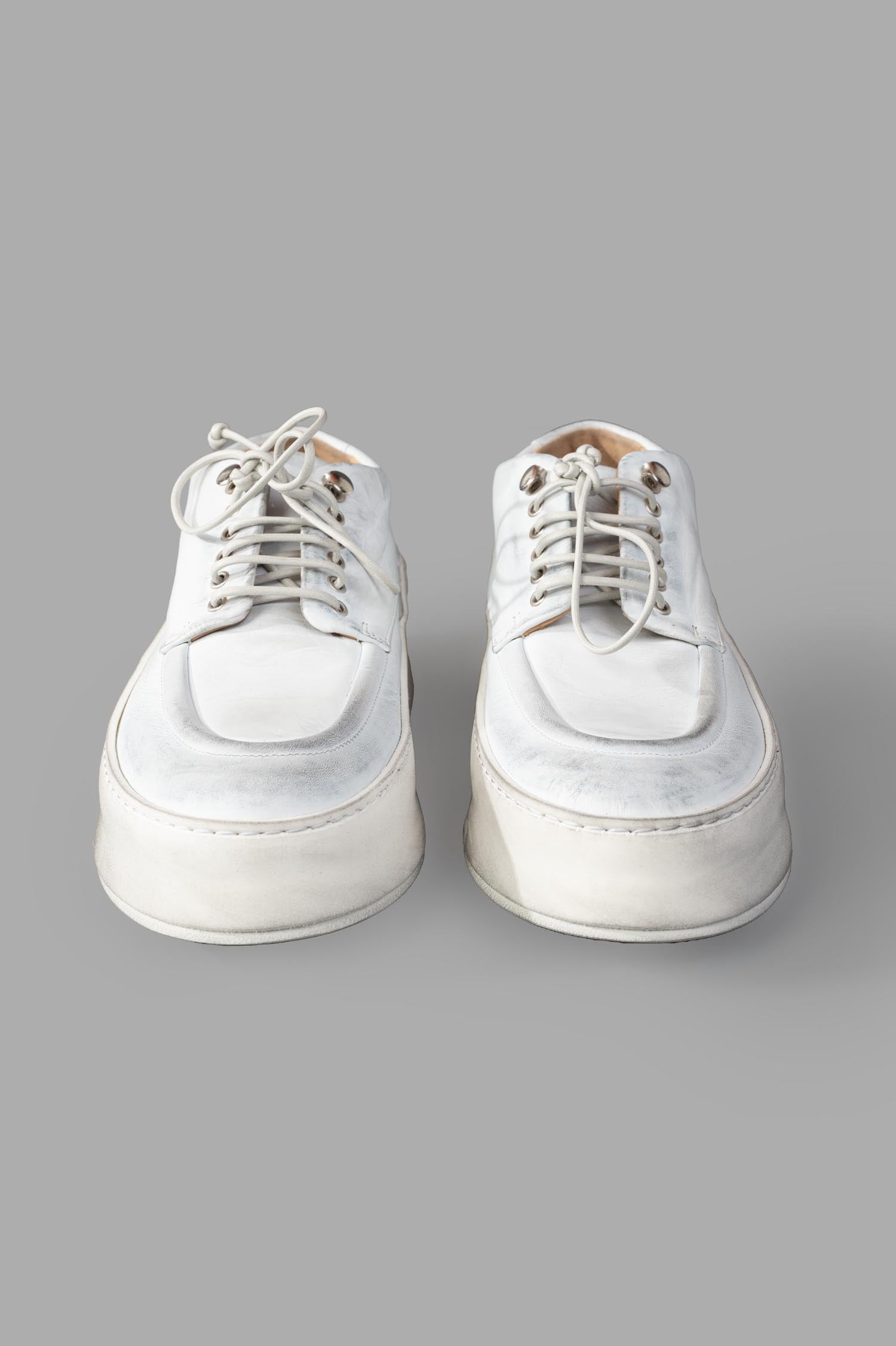 Marsèll Cassapana Derby Shoes in white/grey, showcasing front view, high platform, and soft leather texture.