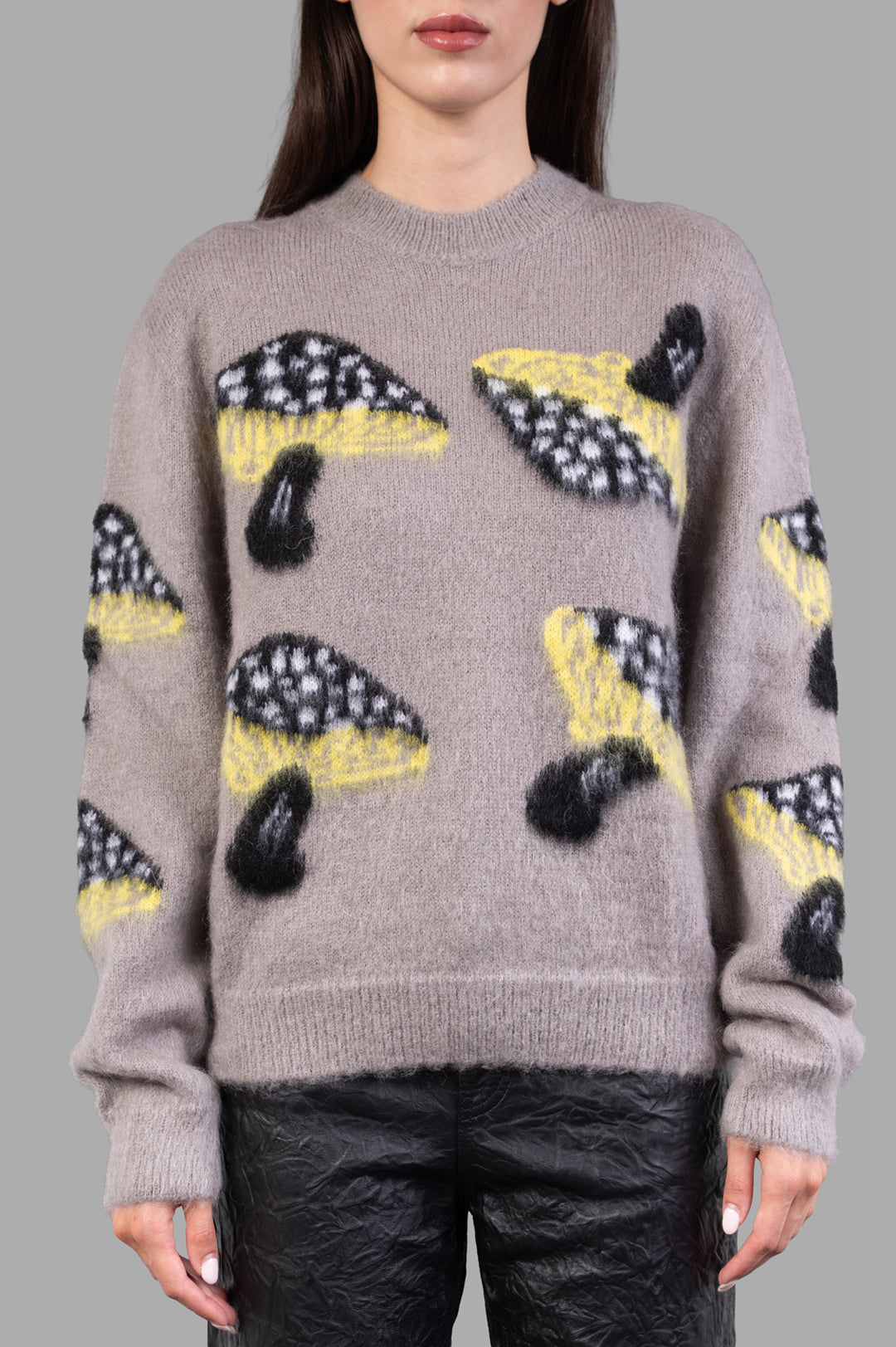 MSGM Mushroom-intarsia Sweater featuring colorful mushroom motifs on a grey, fluffy fabric, styled with long sleeves and.