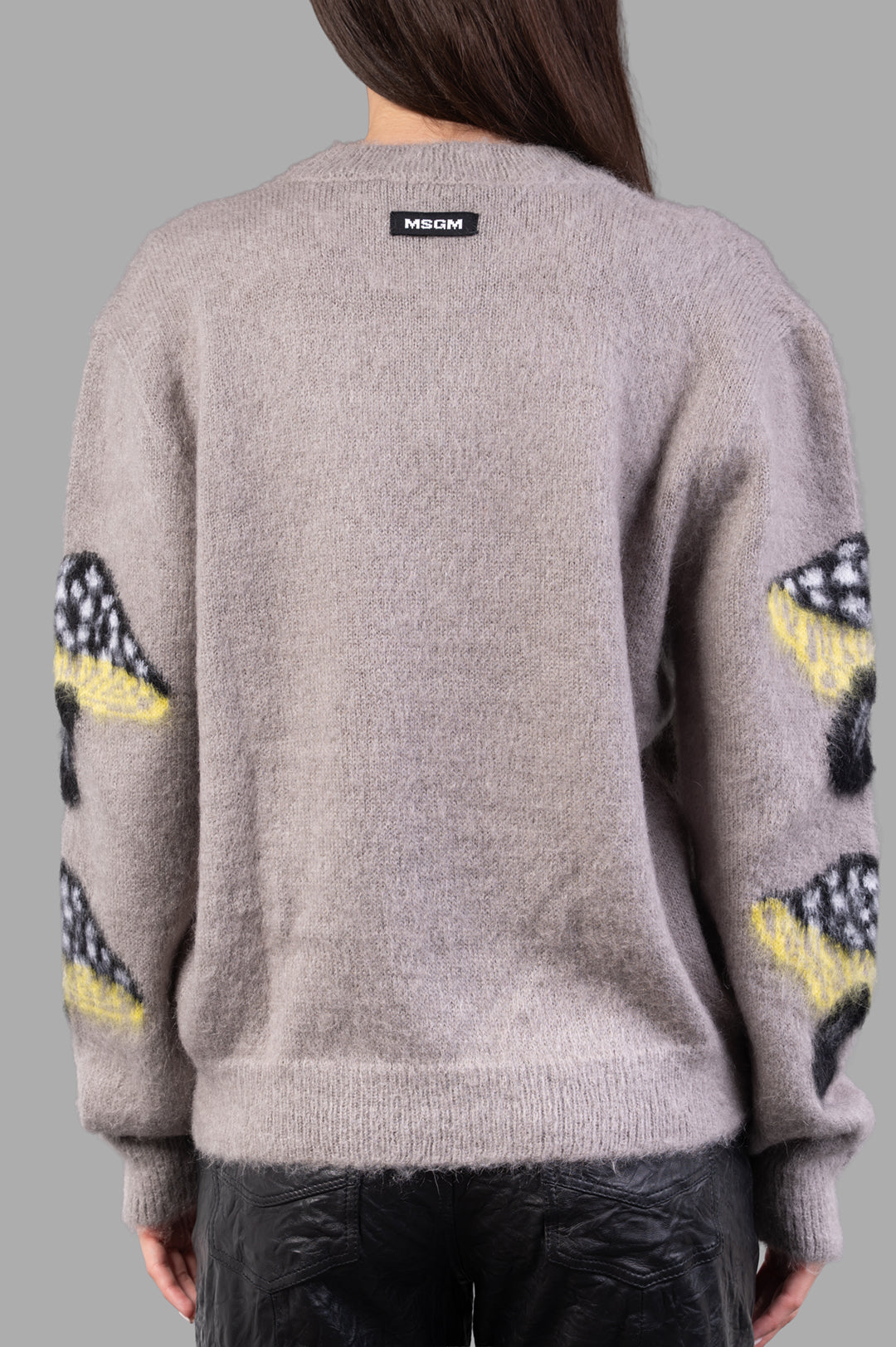 MSGM Mushroom-intarsia Sweater features a cozy grey design with vibrant mushroom motifs on the sleeves, highlighting.
