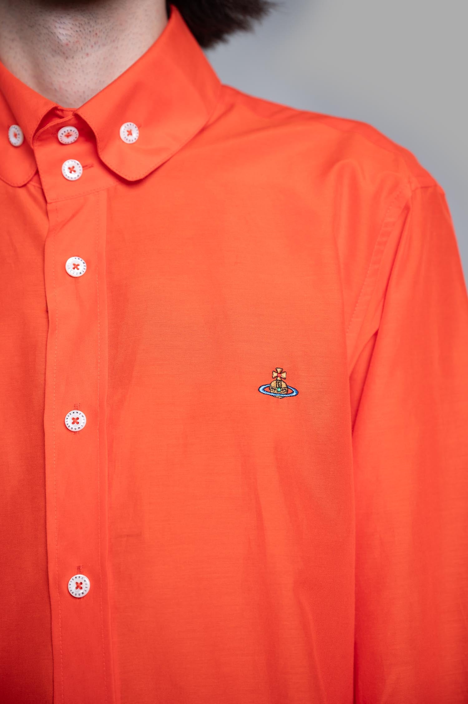 Vivienne Westwood Two-Button Krall Shirt in orange showcasing iconic two-button collar and multi-coloured orb embroidery.