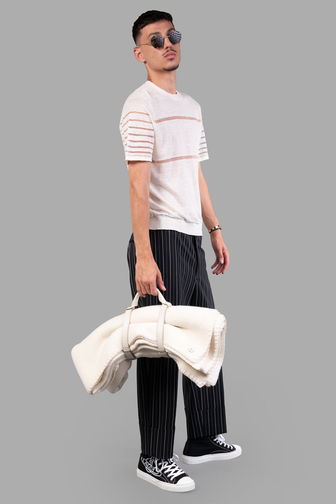 Vivienne Westwood Sheer Stripe Tee in Ivory, front view on model, showcasing knitted linen design and sheer accents.