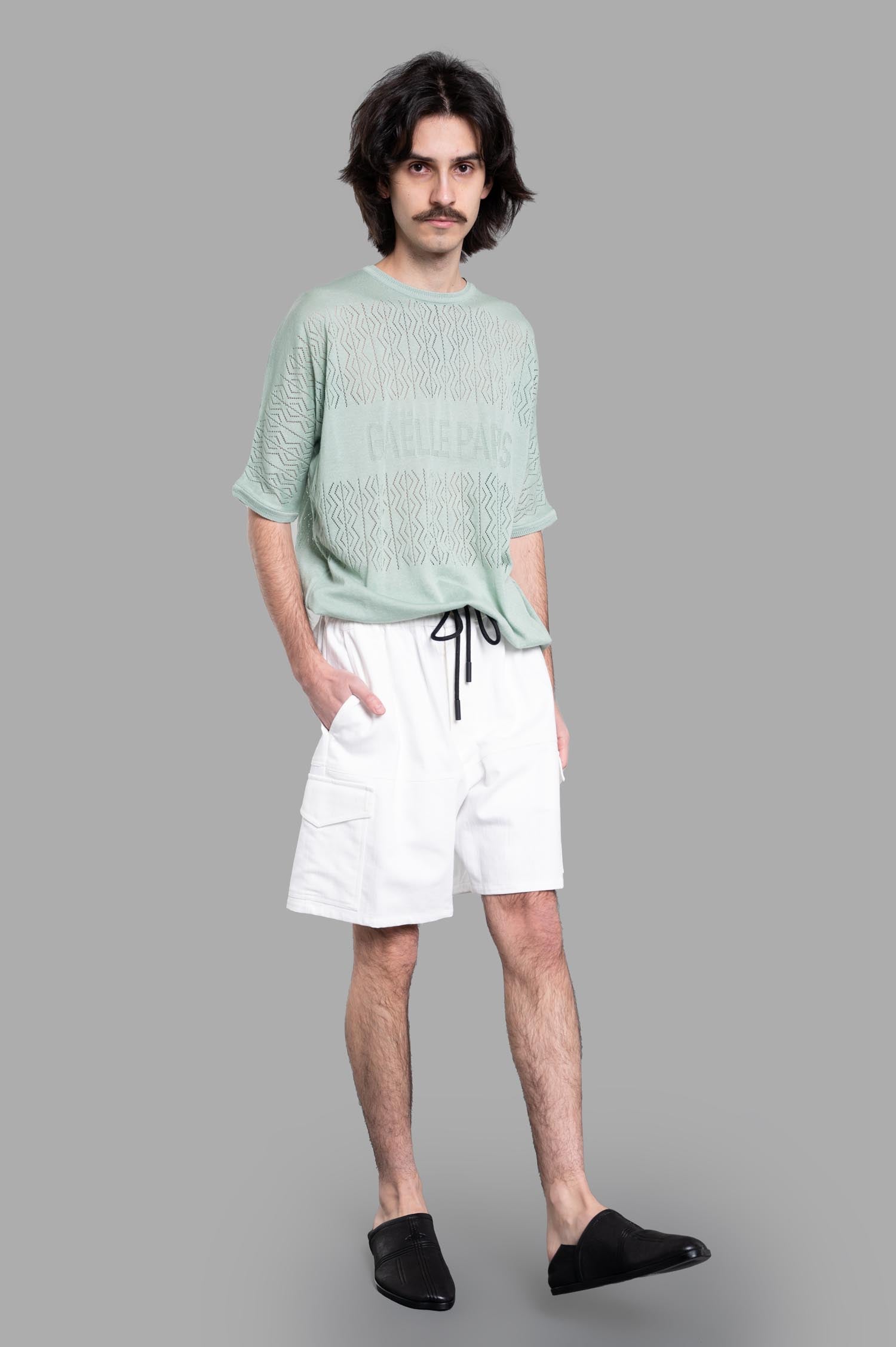 Gaëlle Paris Knit Logo T-shirt in mint, front view on-model, featuring round neckline and logo, 100% cotton.