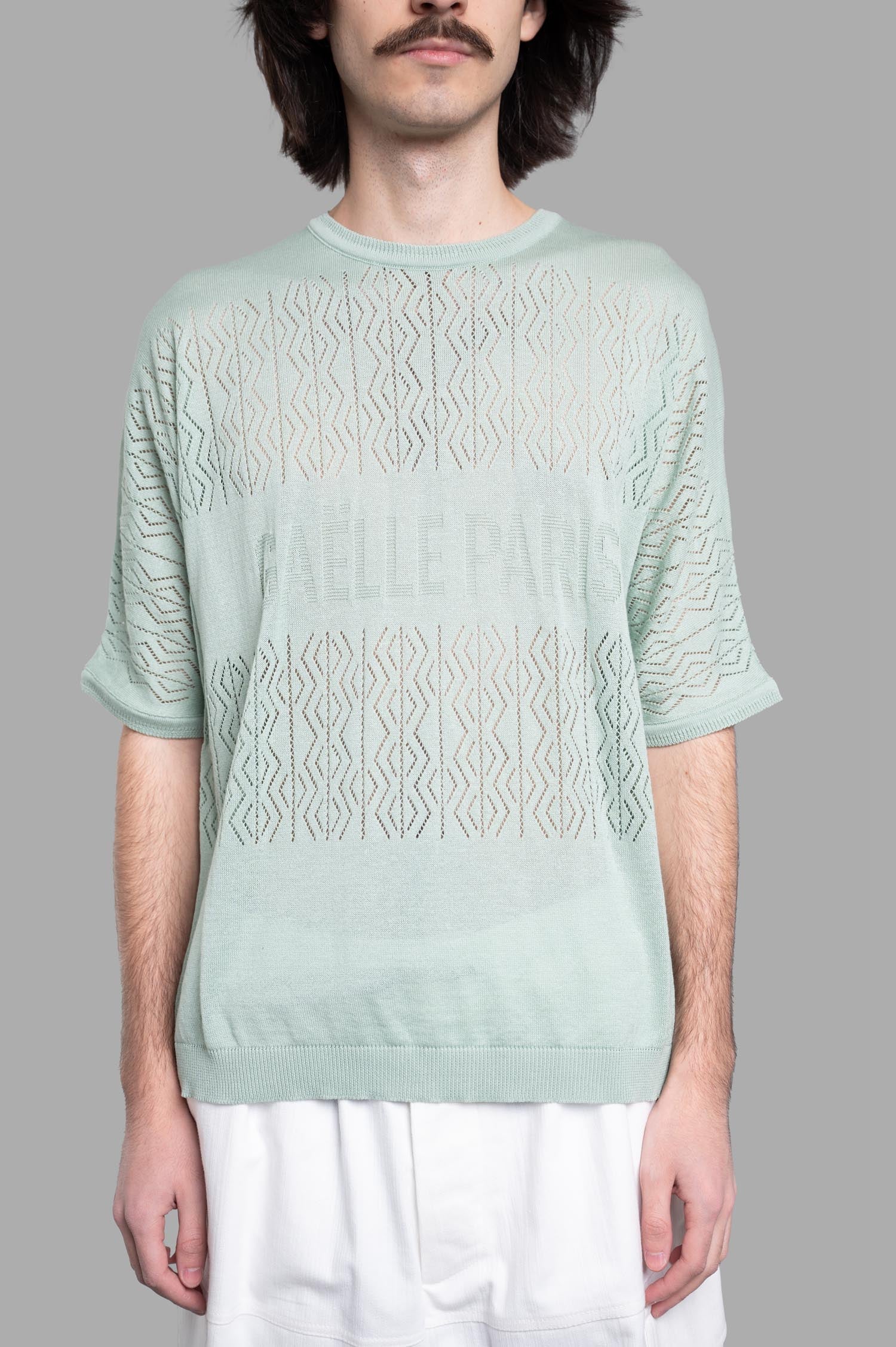 Gaëlle Paris Knit Logo T-shirt in mint, featuring an open knit texture and brand logo displayed across the front.
