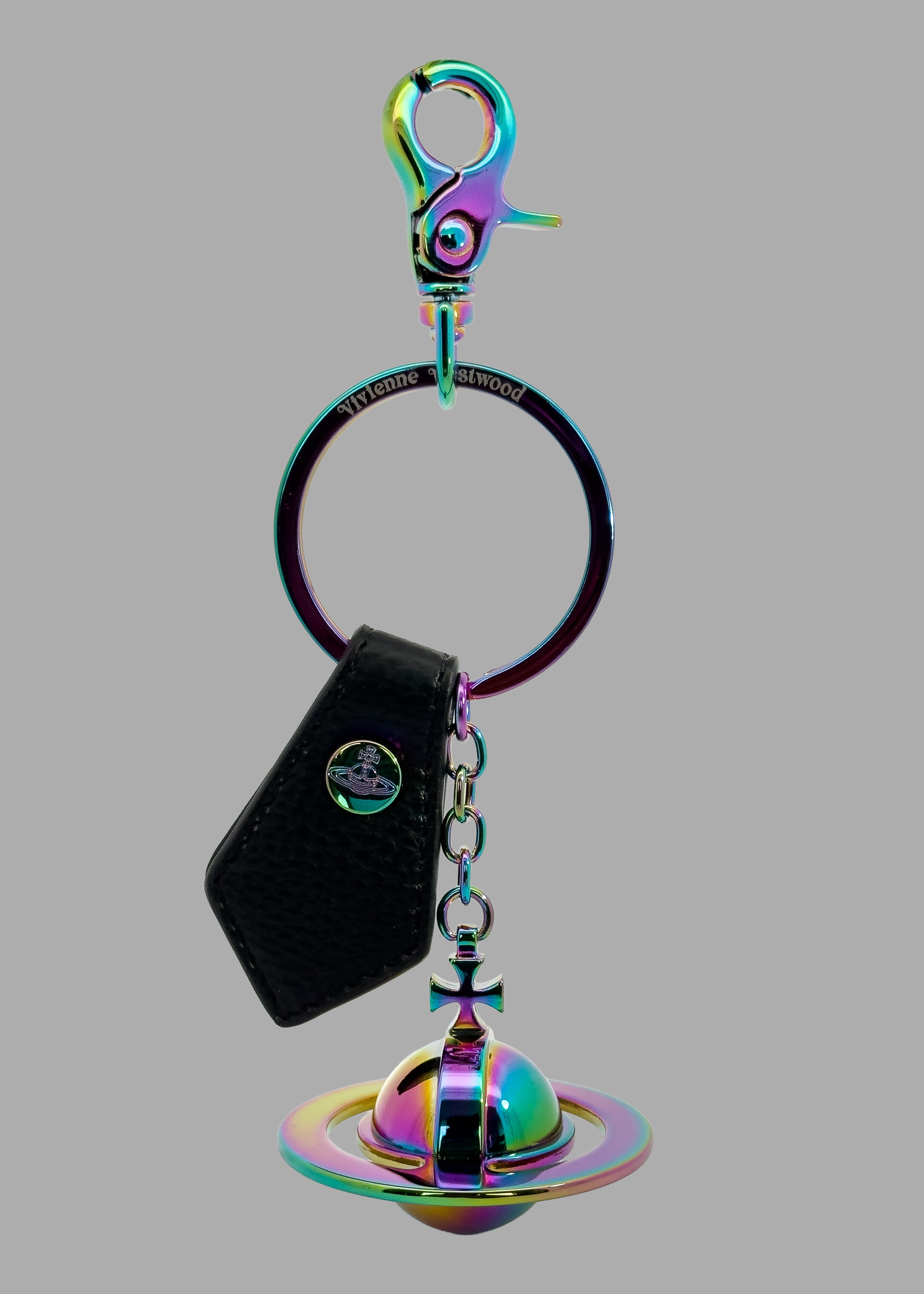 Vivienne Westwood 3D Orb Keyring in Holographic, front detail showing rainbow metal clasp, ring, leather tab and orb charm.