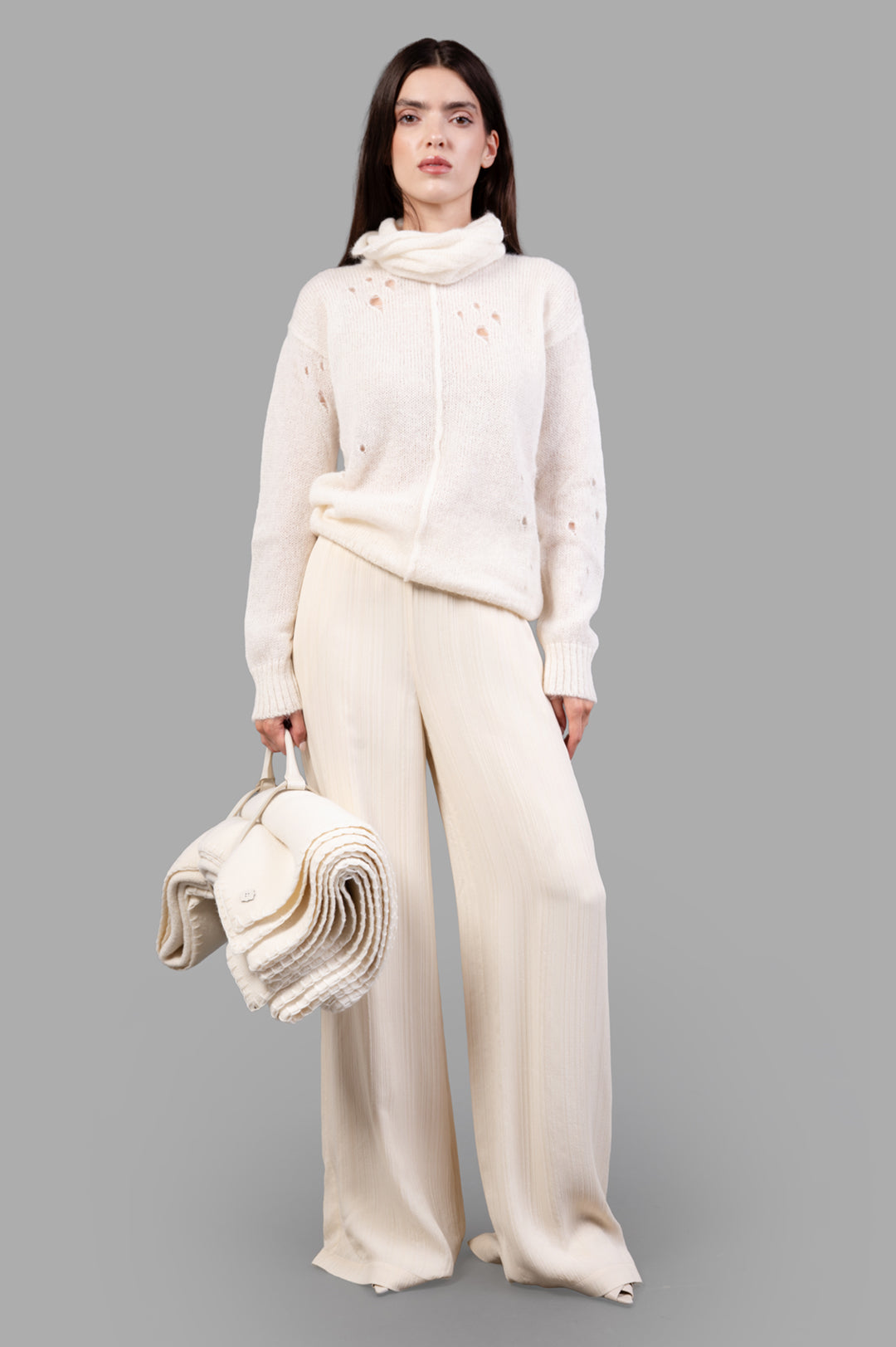 Joseph Mawn Pleat Jacquard Trousers on-model, front view, wide-leg, mid-rise, viscose material, cream color, relaxed fit.