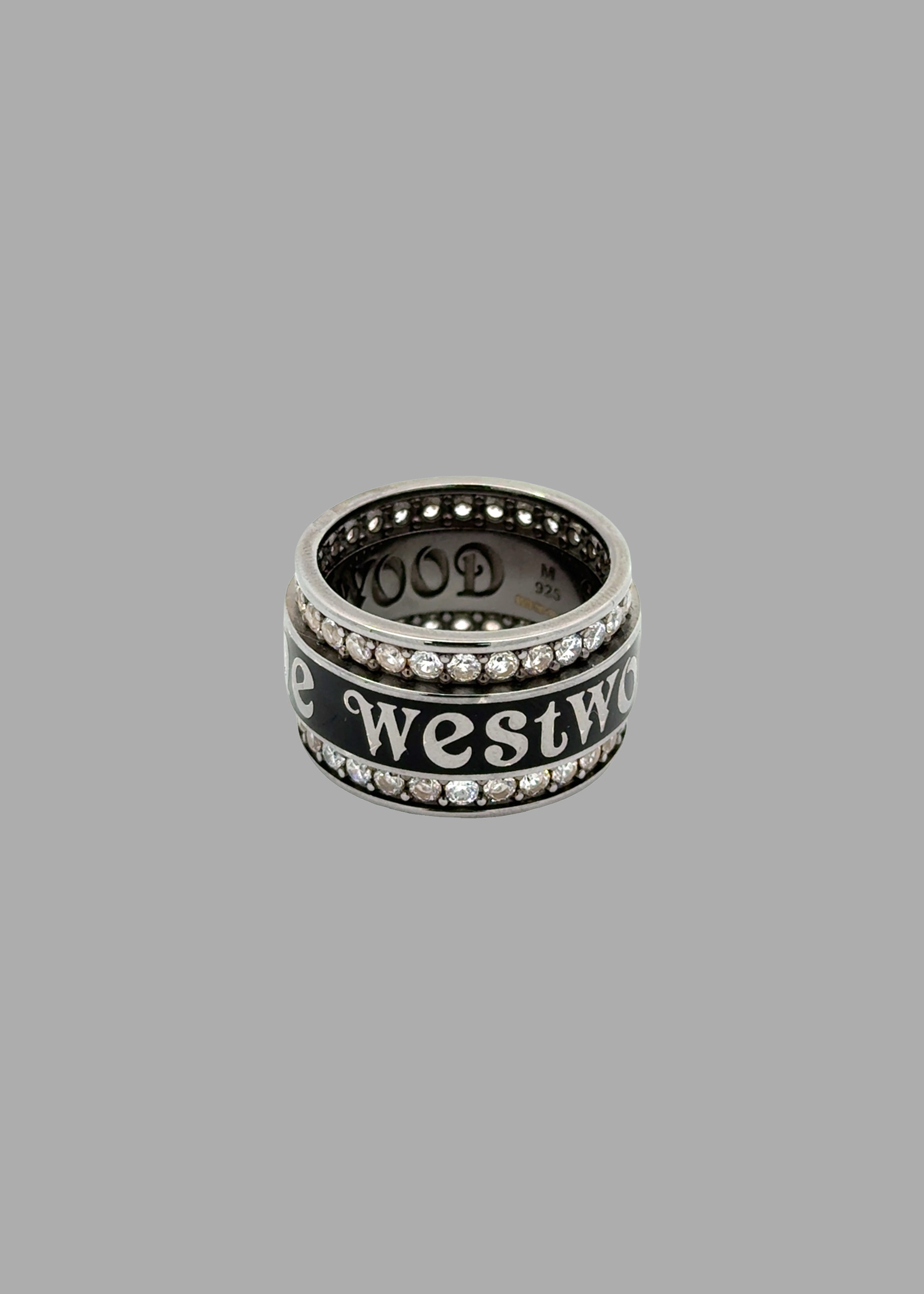 Vivienne Westwood Jacob Ring in Platinum, featuring bold wide-band with enamel stripe and cubic zirconia details, front view.