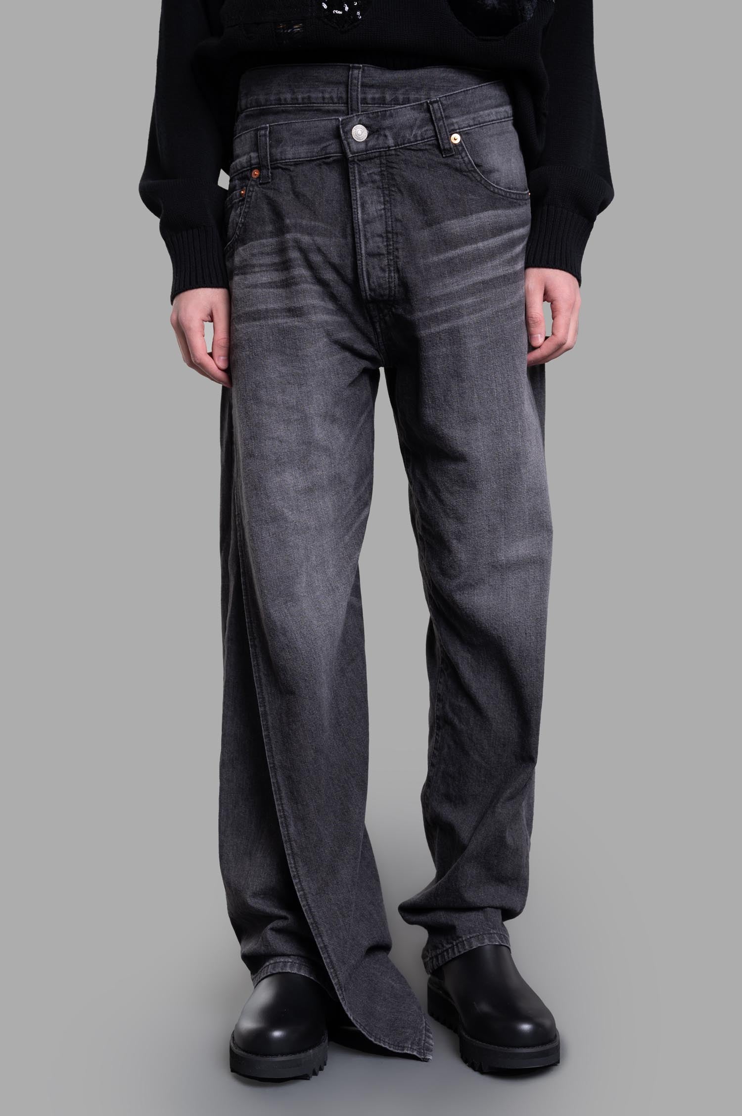 Junya Watanabe x Levi's® Wraparound Jeans featuring front view with handworked distressing in grey cotton, styled with.