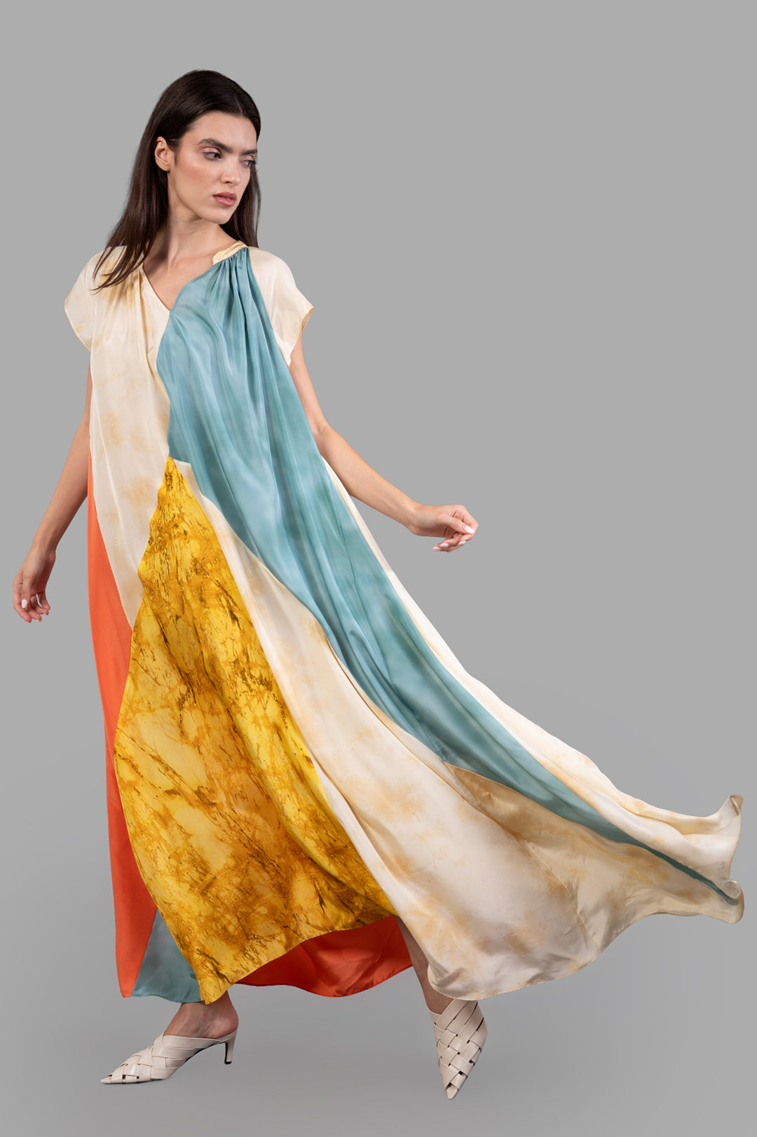 Joseph Silk Tulipa Maxi Dress in multi-color geometric print, front view on model, flowing design, 100% habotai silk.