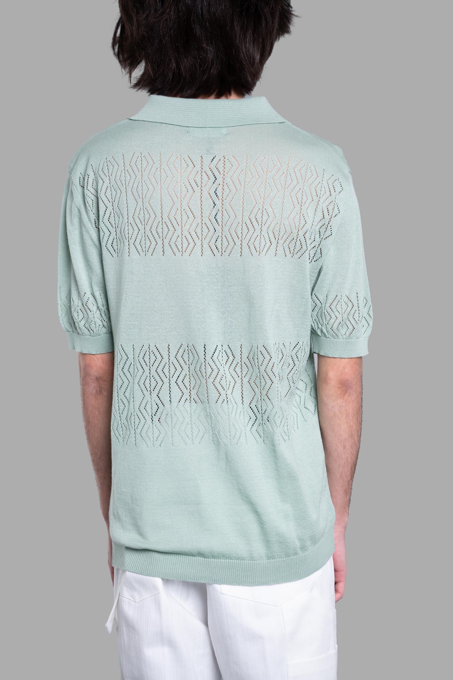 Gaëlle Paris Knit Polo Shirt in mint, showcasing back detail with intricate patterns and a classic collar design.