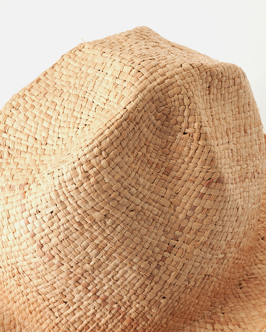 Kijima Takayuki Straw Buffalo Hat, close-up showing intricate weaving and natural raffia texture in beige color.