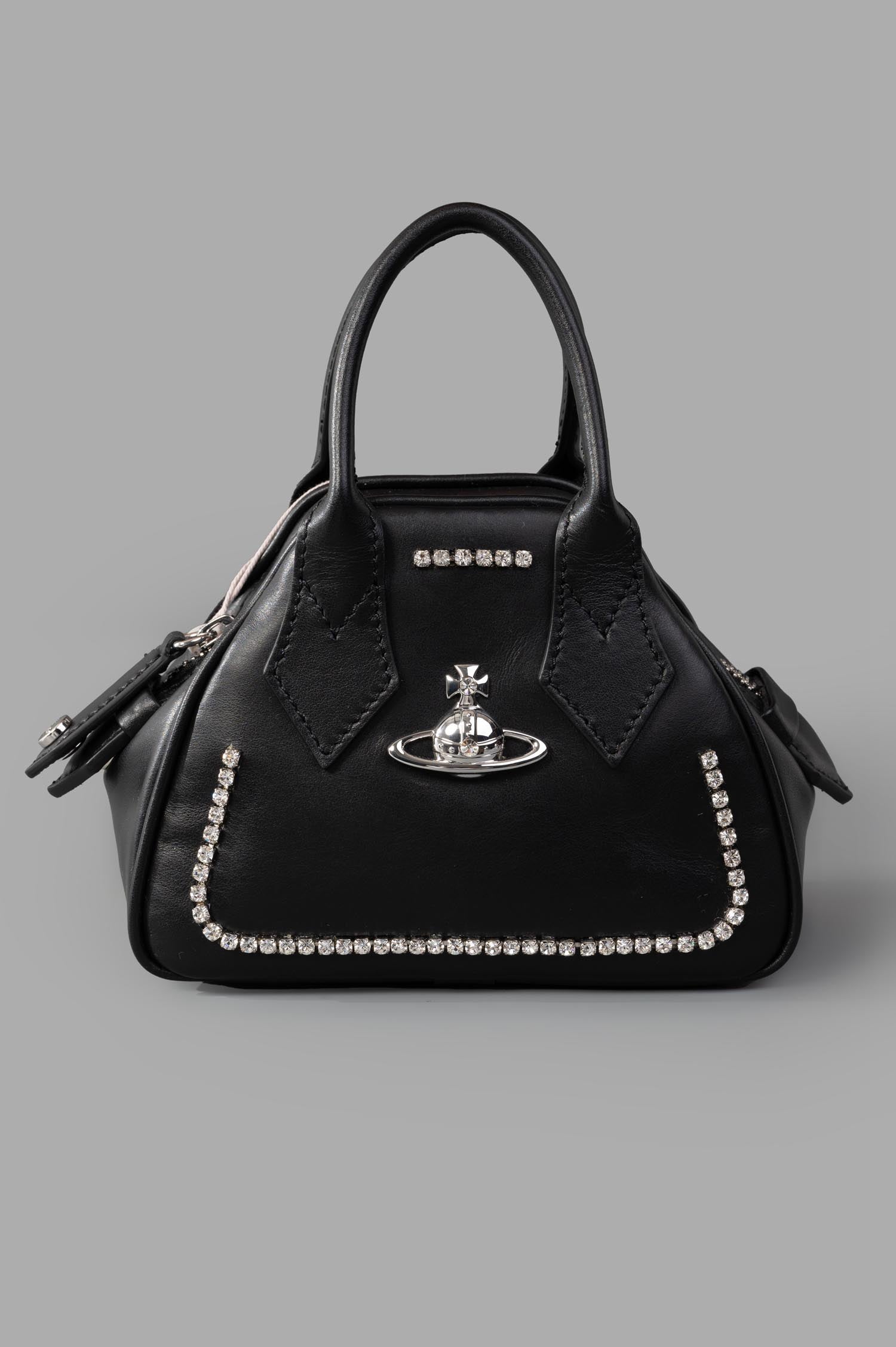Vivienne Westwood Mini Yasmine Bag in black, front view showcasing grain-embossed leather with silver orb detail and.