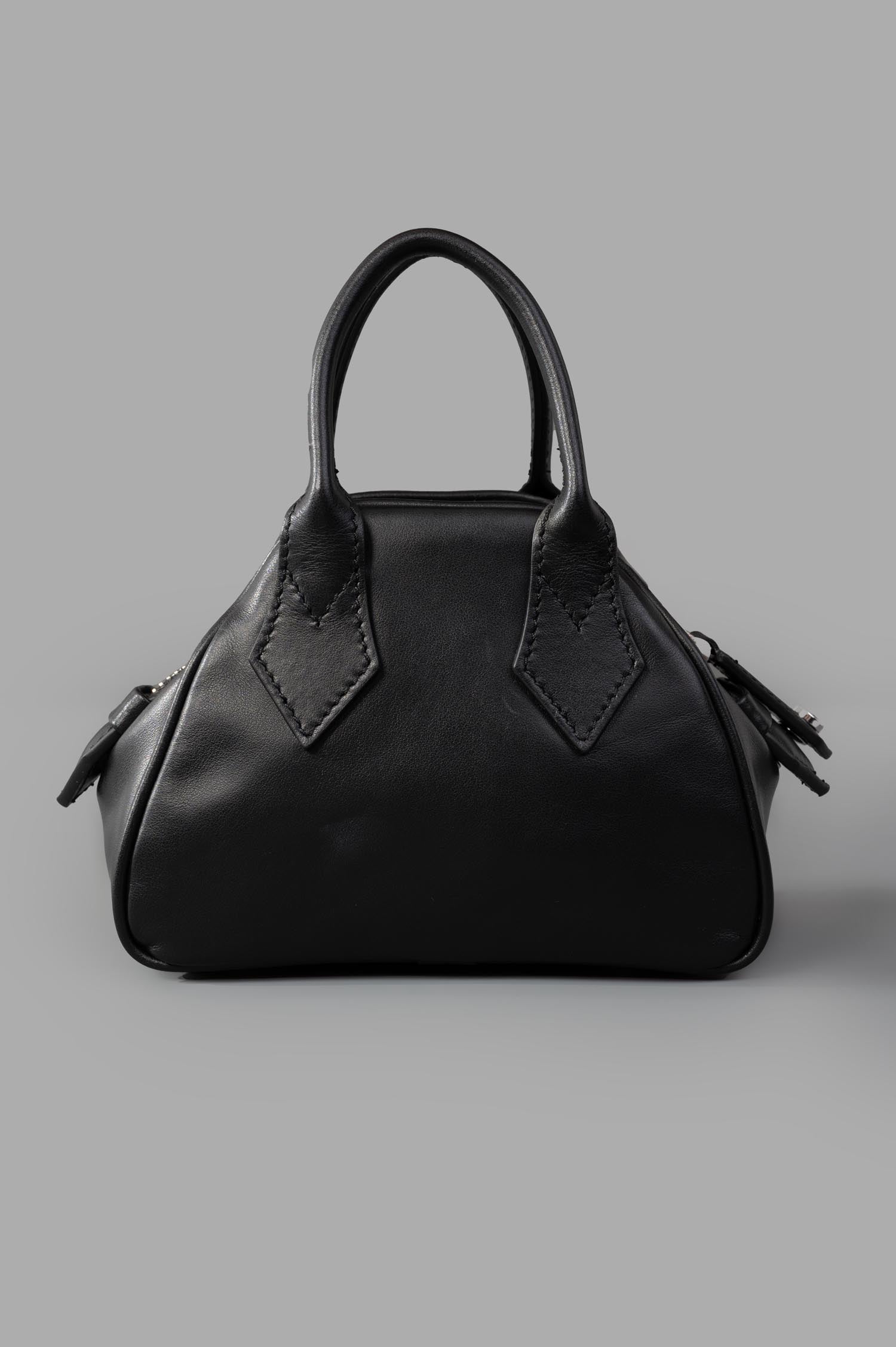 Vivienne Westwood Mini Yasmine Bag in black grain-embossed leather, showcasing the front view with distinctive.