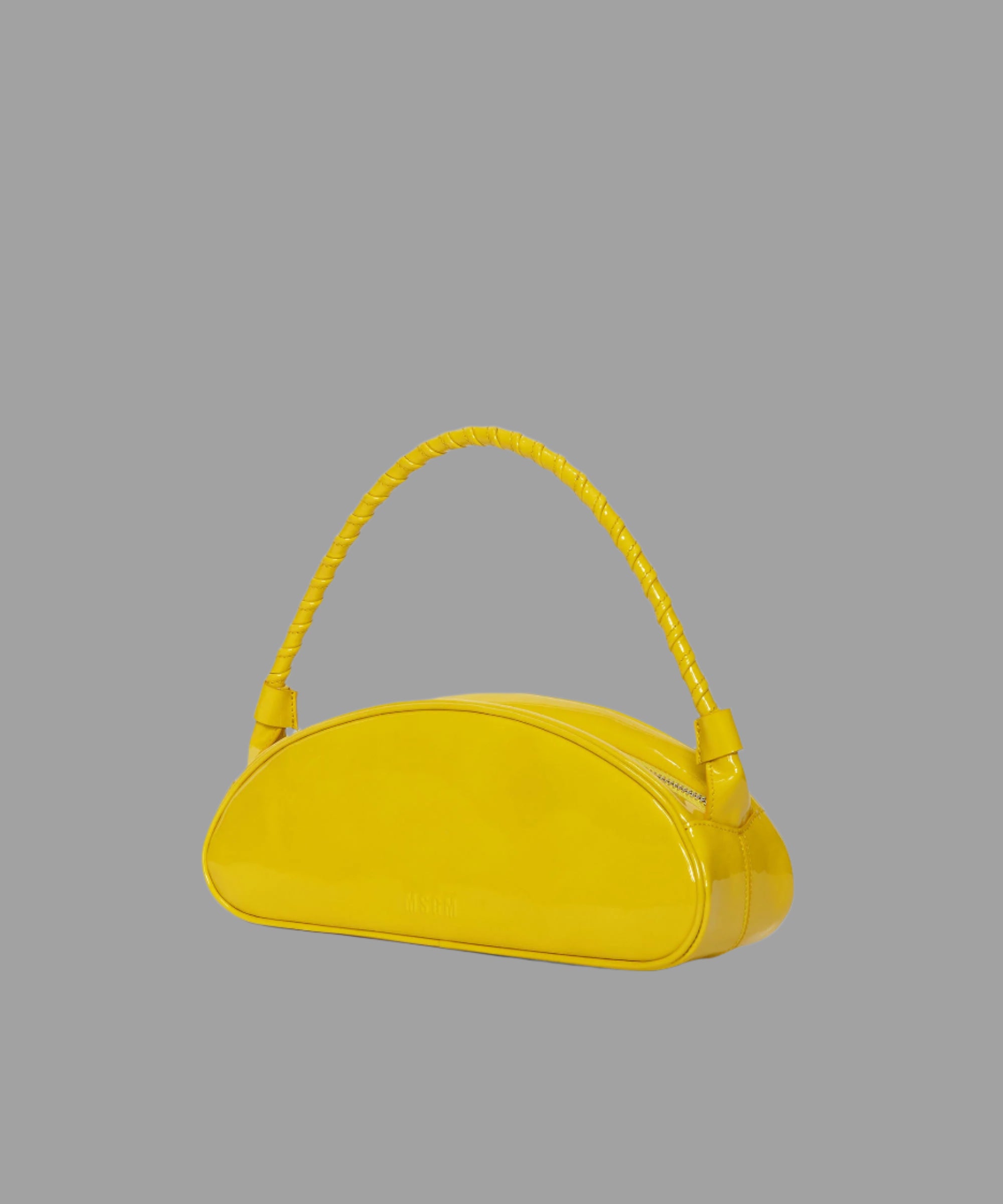 MSGM Patent Leather Handbag in yellow with braided handle, sleek design, and embossed logo. Versatile style for any outfit.