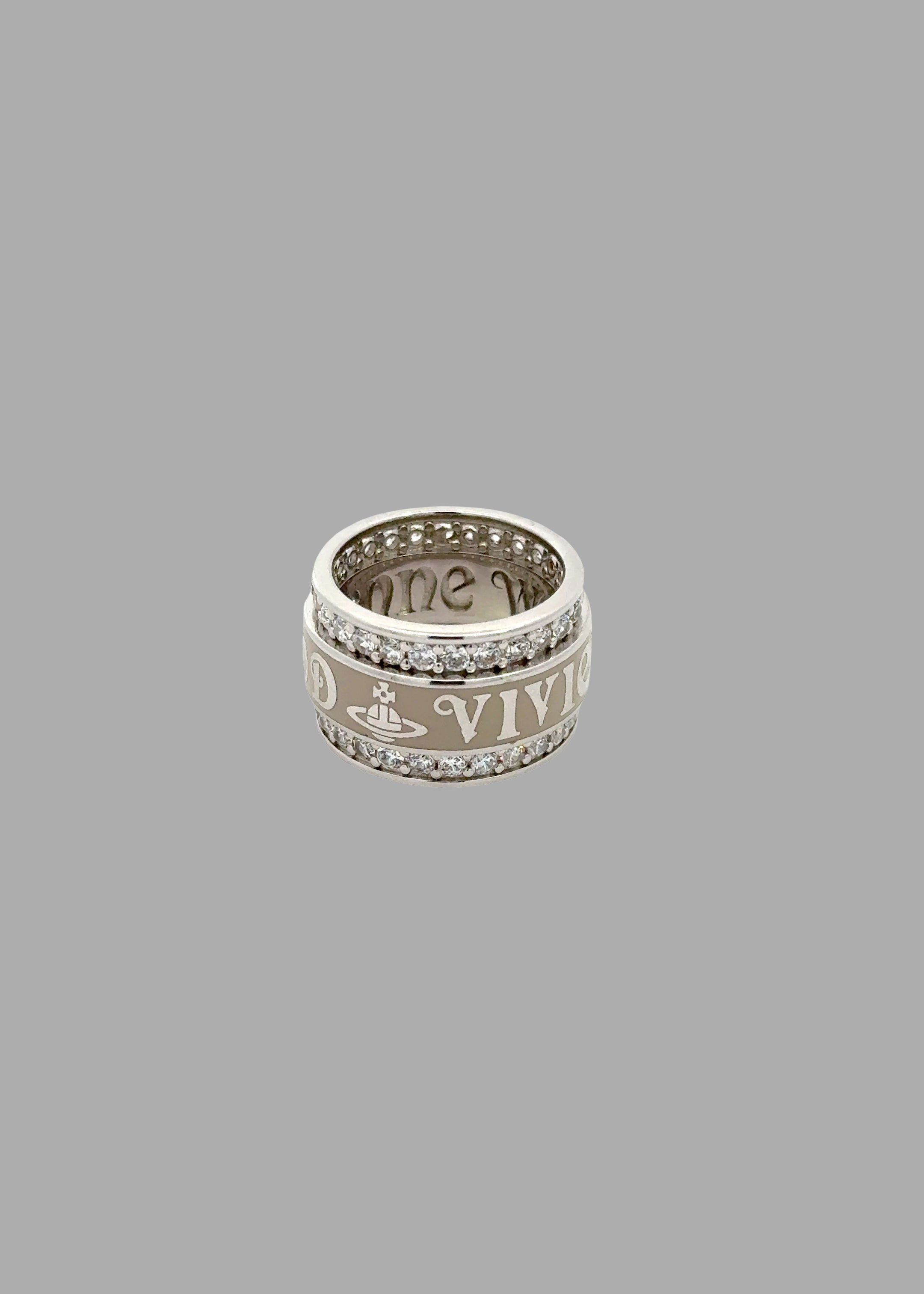 Vivienne Westwood Jacob Ring in Silver, featuring a wide band and enamel stripe, adorned with cubic zirconia crystals.