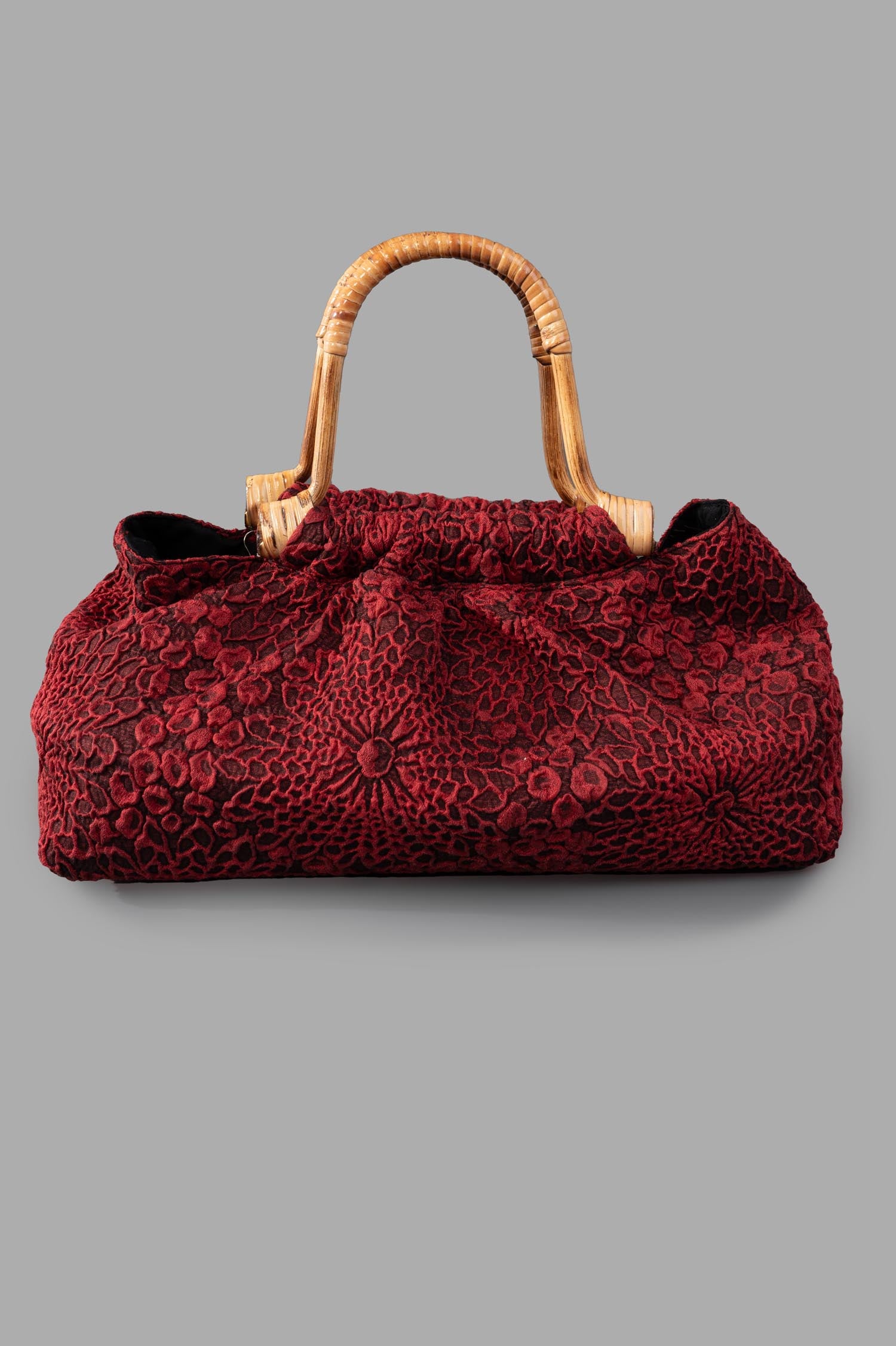 Marc Point Double-handle Bag in red floral fabric, front view, elegant and chic accessory with bamboo handles.