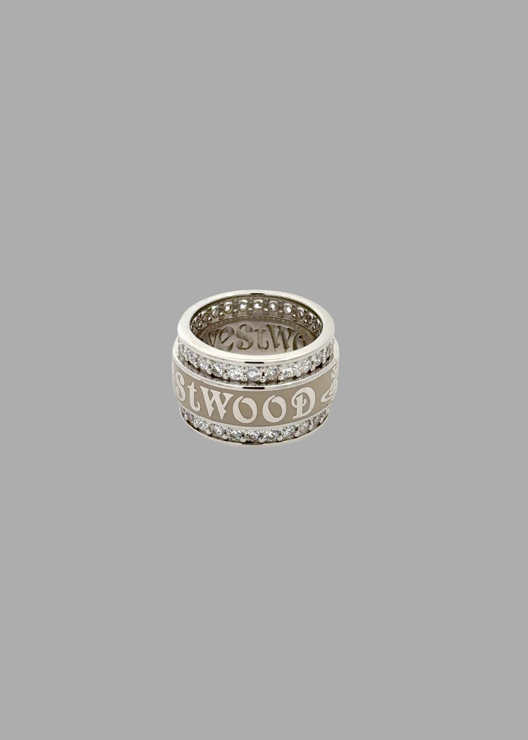 Vivienne Westwood Jacob Ring in Silver, showcasing wide-band design with enamel stripe and cubic zirconia accents.