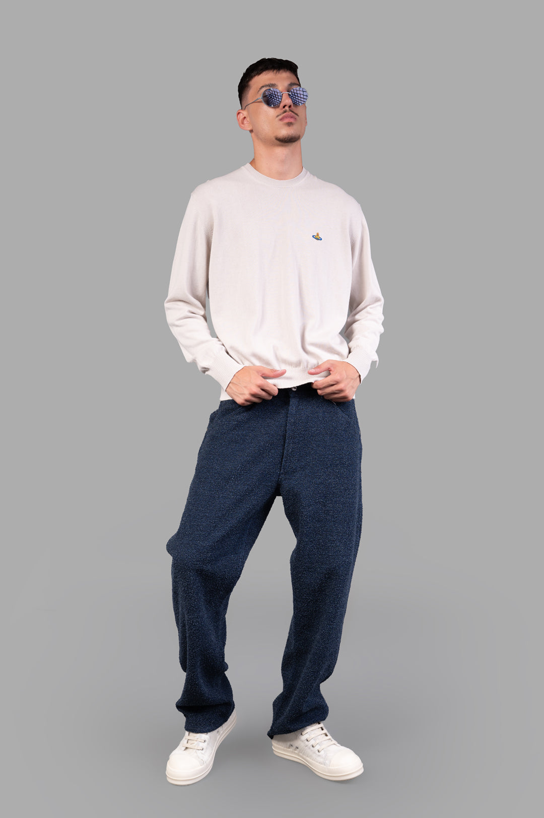 Vivienne Westwood Ranch Bouclé Wool Jeans with textured fabric, styled on-model with straight-leg fit and casual shoes.
