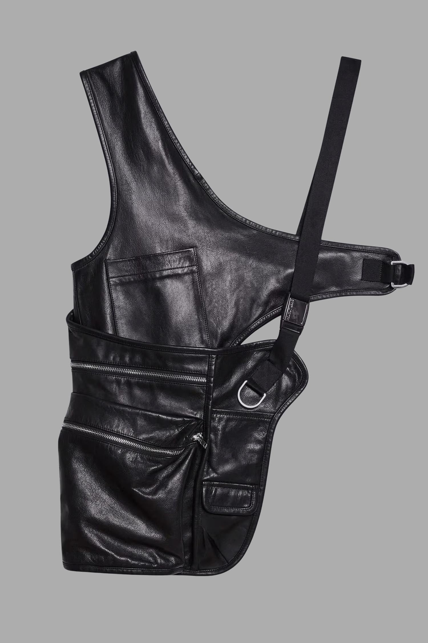 Helmut Lang Utility Bag Vest in black leather, featuring front view of utility pockets and adjustable strap.