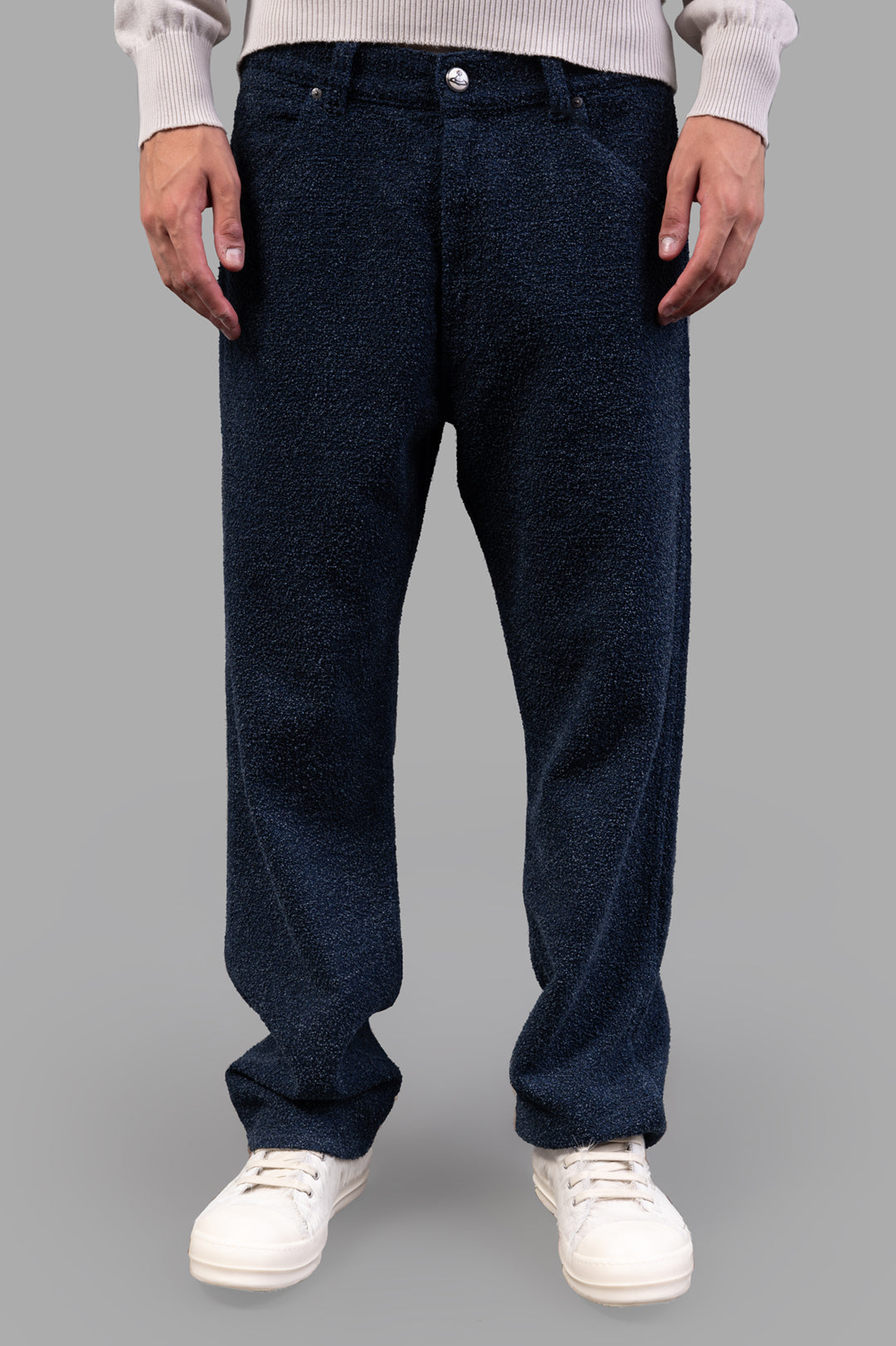 Vivienne Westwood Ranch Bouclé Wool Jeans in blue, featuring a straight-leg fit and textured bouclé wool, shown on a model.