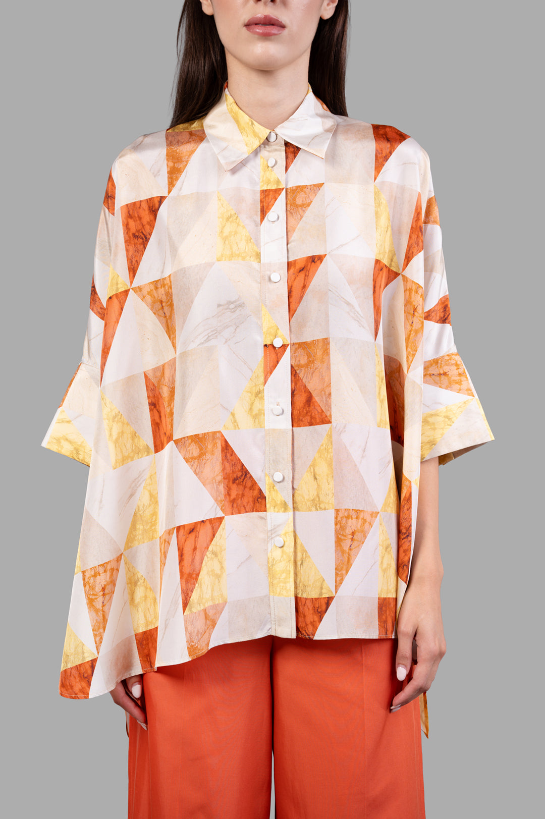Joseph Arcole Marble-print Silk Shirt, featuring a colorful geometric pattern, viewed from the front on a model.