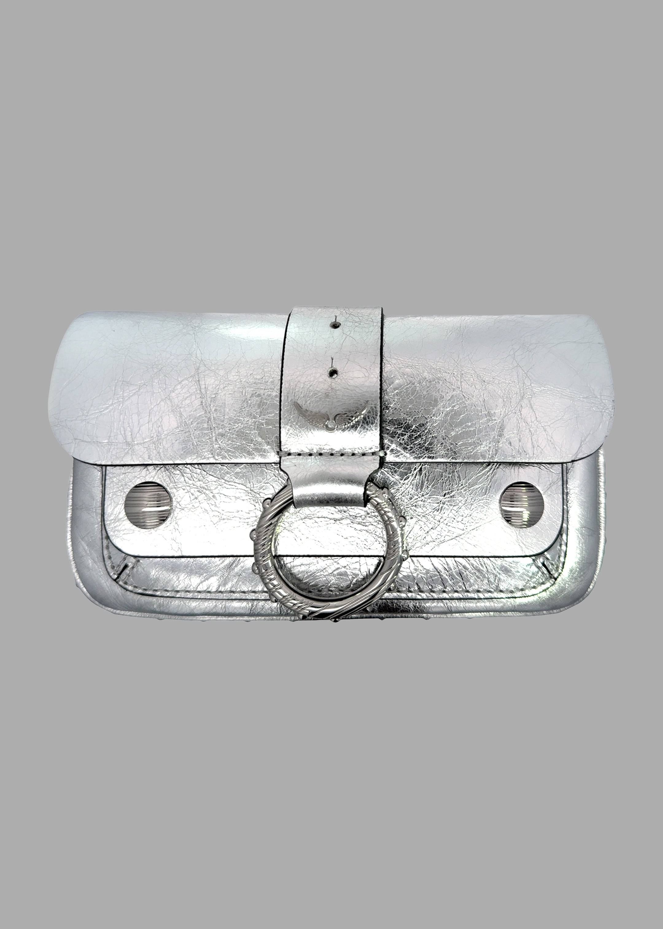 Zadig & Voltaire Kate Mini Bag in silver, featuring sleek silver-tone hardware and foldover top, front view.