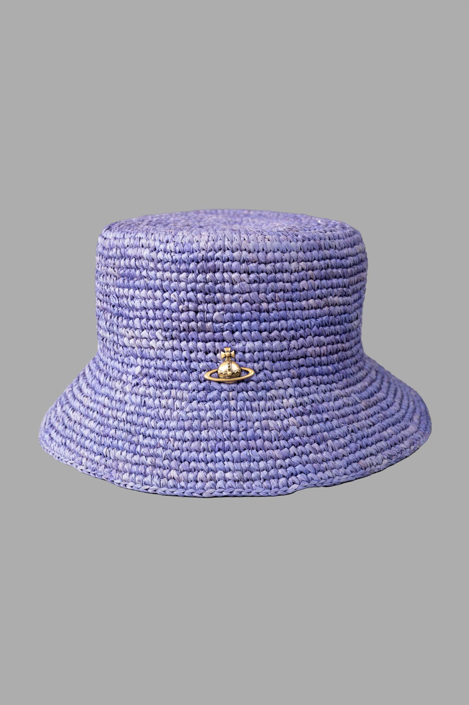 Vivienne Westwood blue Orb Raffia Bucket Hat, front view, woven raffia with wide brim and raised orb plaque detail.