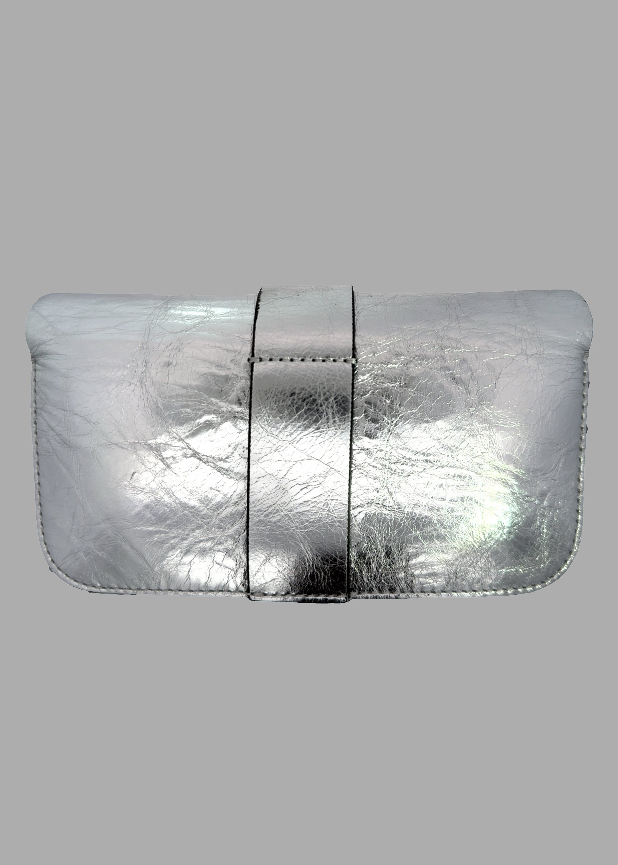 Zadig & Voltaire Kate Mini Bag in silver, showcasing the front with a sleek foldover top and magnetic closure.