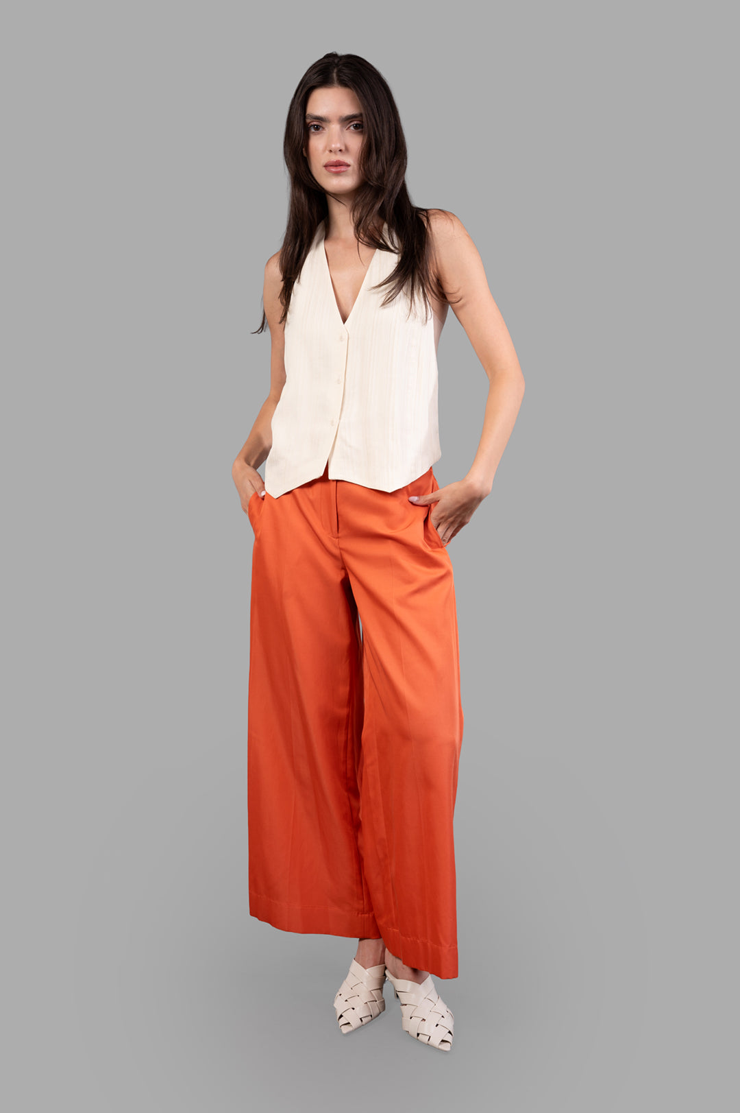 Joseph Thurlow Soft Cotton Silk Trousers in orange, front view on model; wide-leg, mid to high-rise with relaxed fit.