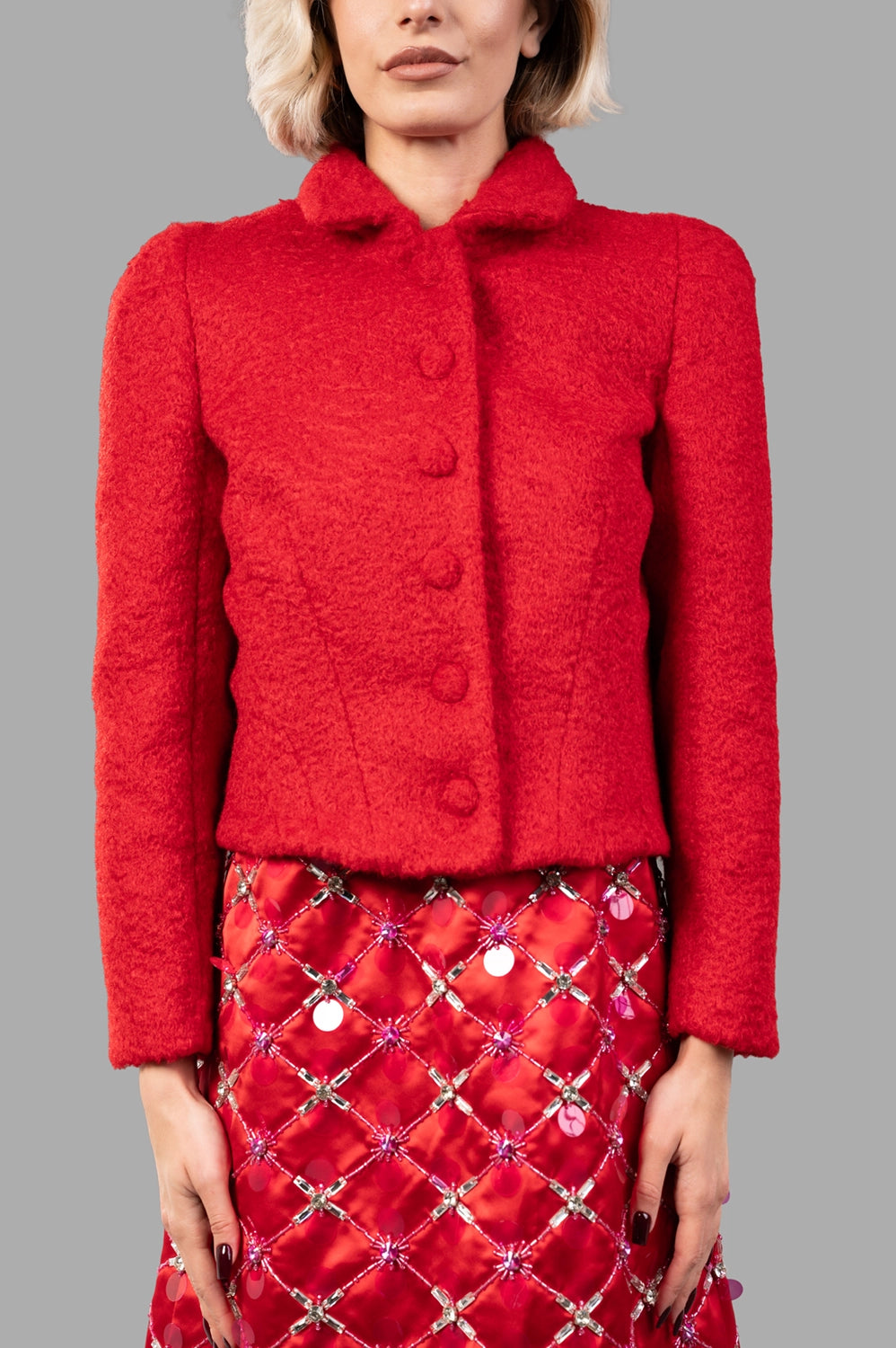 DES PHEMMES Fitted Hunter Jacket, red, front view on model, cropped with rounded collar and covered buttons.