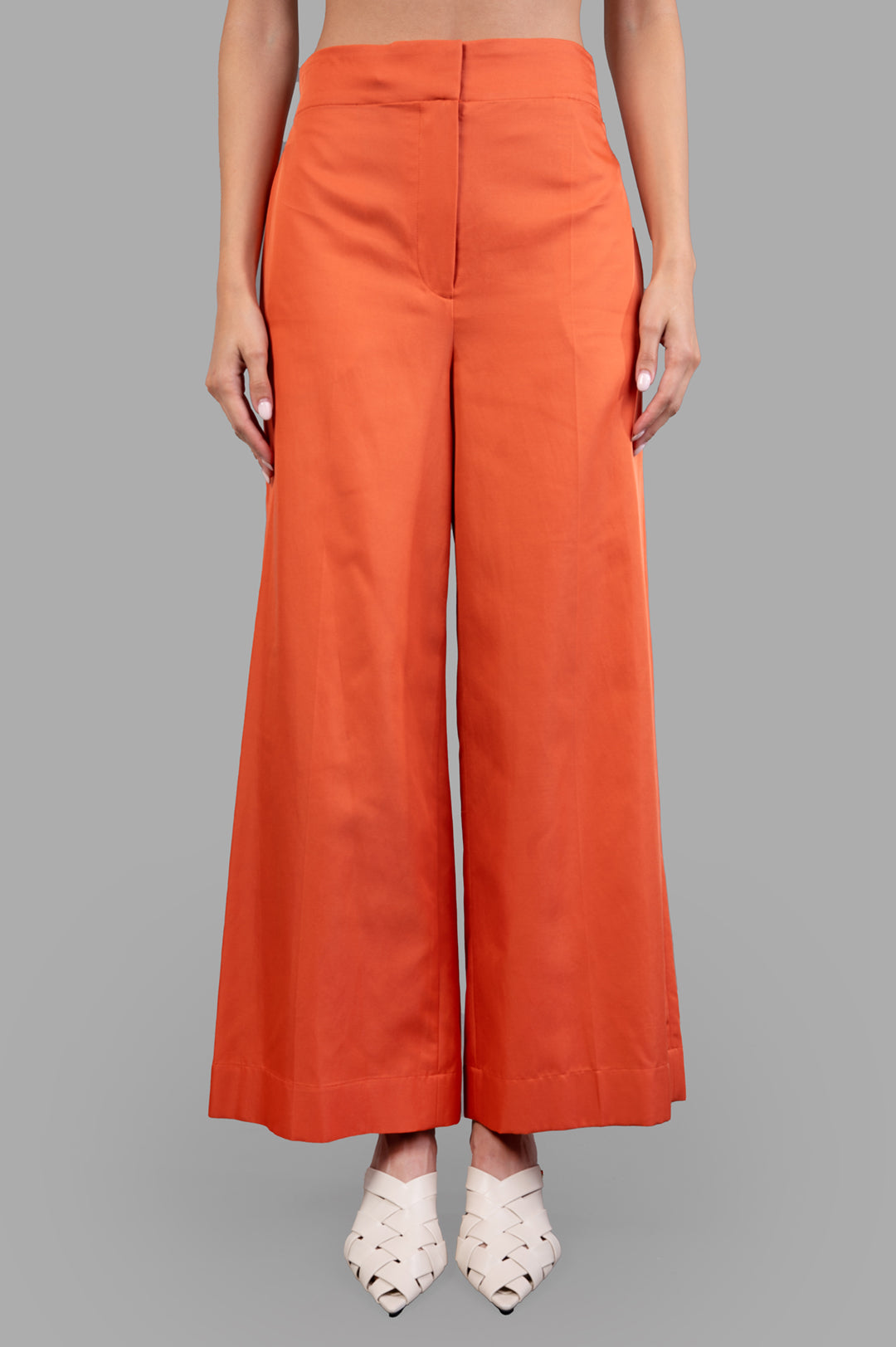 Joseph. Thurlow Soft Cotton Silk Trousers in orange, front view showcasing wide-leg design, elasticated waistband, and.