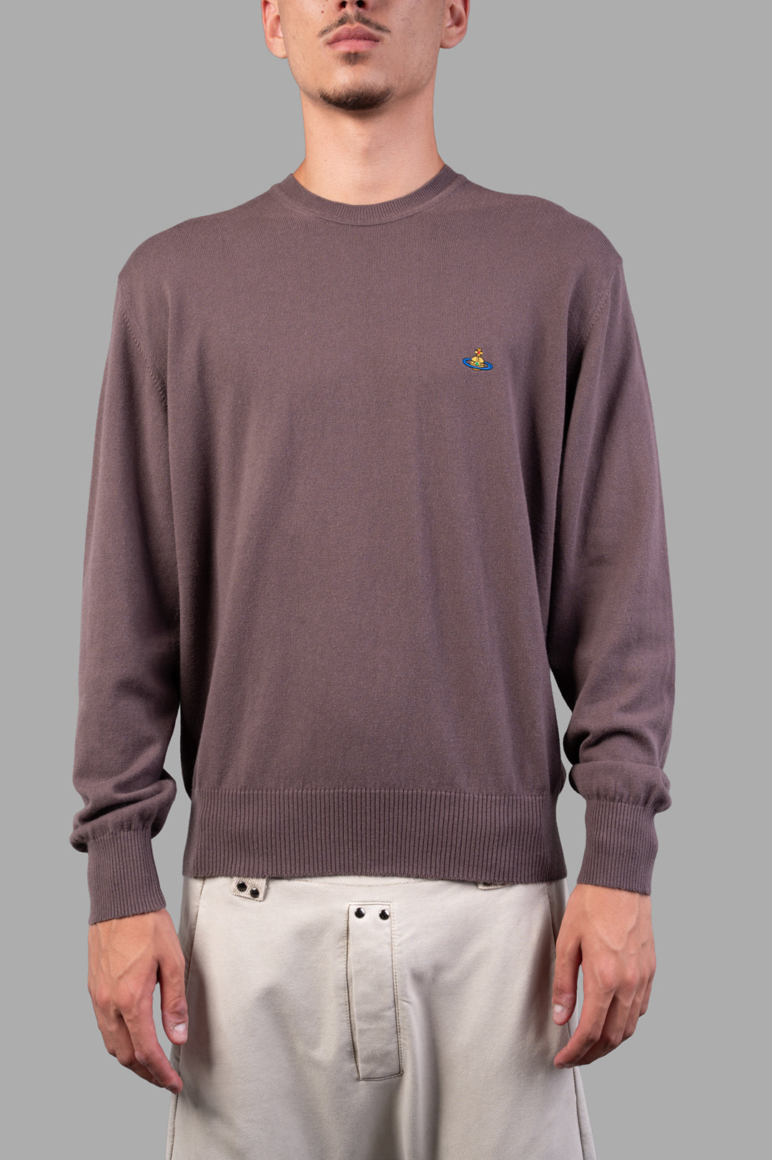 Vivienne Westwood Orb-embroidered Jumper in truffle with rib-knit details, showcasing logo at chest on model.