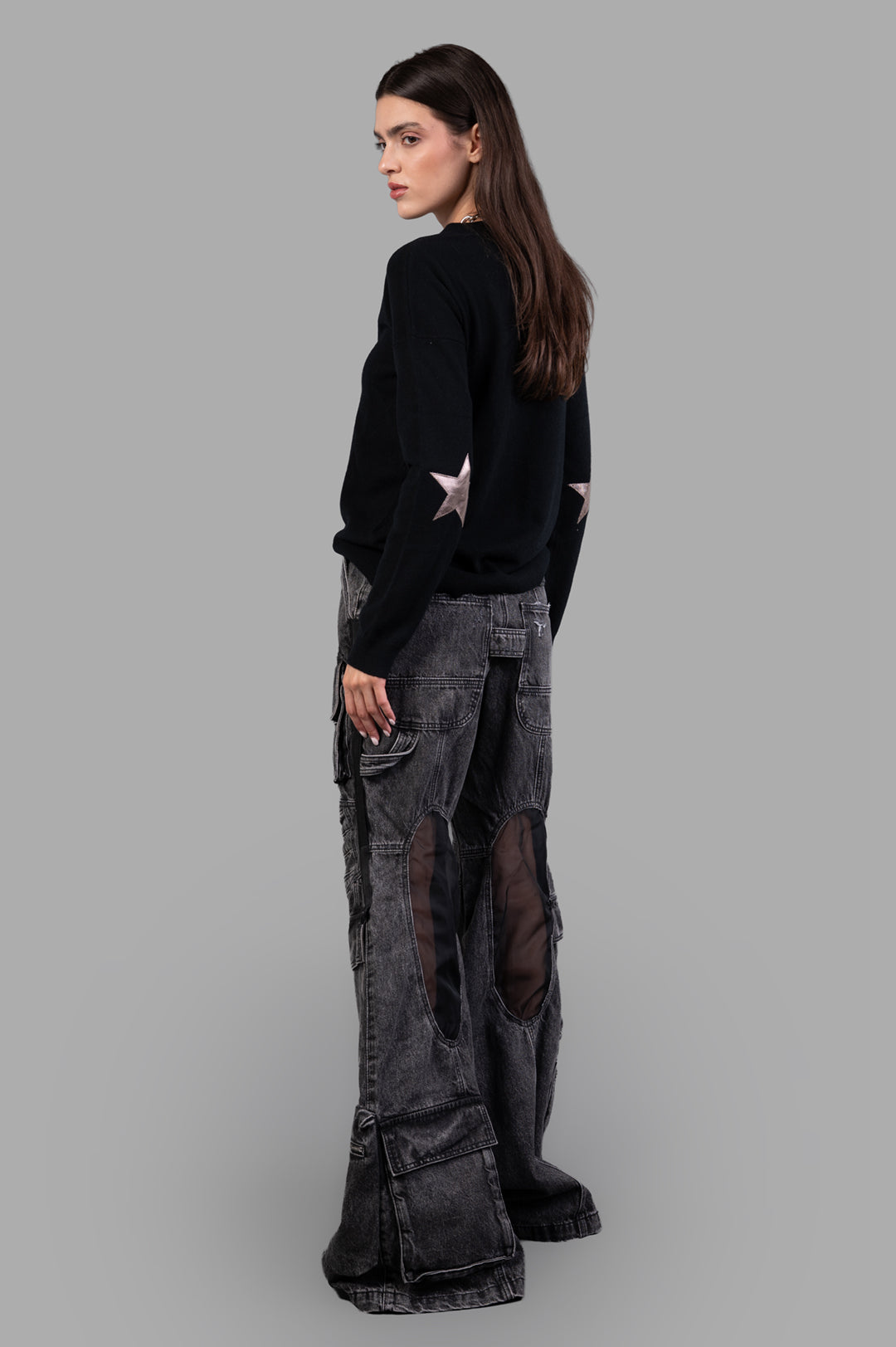 Zadig & Voltaire Star-patch Knitted Jumper, back view, fine cashmere, long slit sleeves, star detail, black.