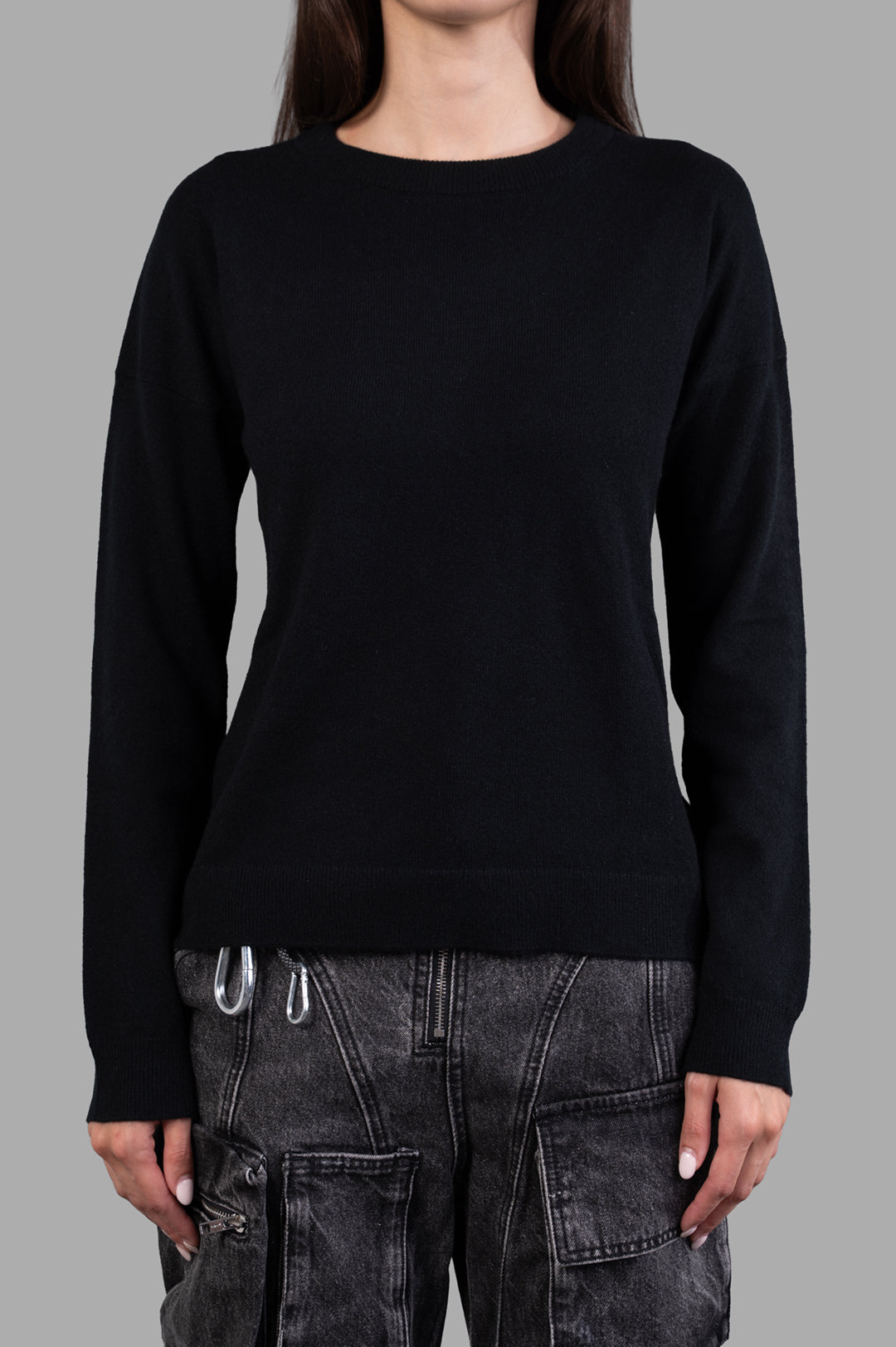 Zadig & Voltaire Star-patch Knitted Jumper in black, featuring a round neck and modern long slit sleeves on model.