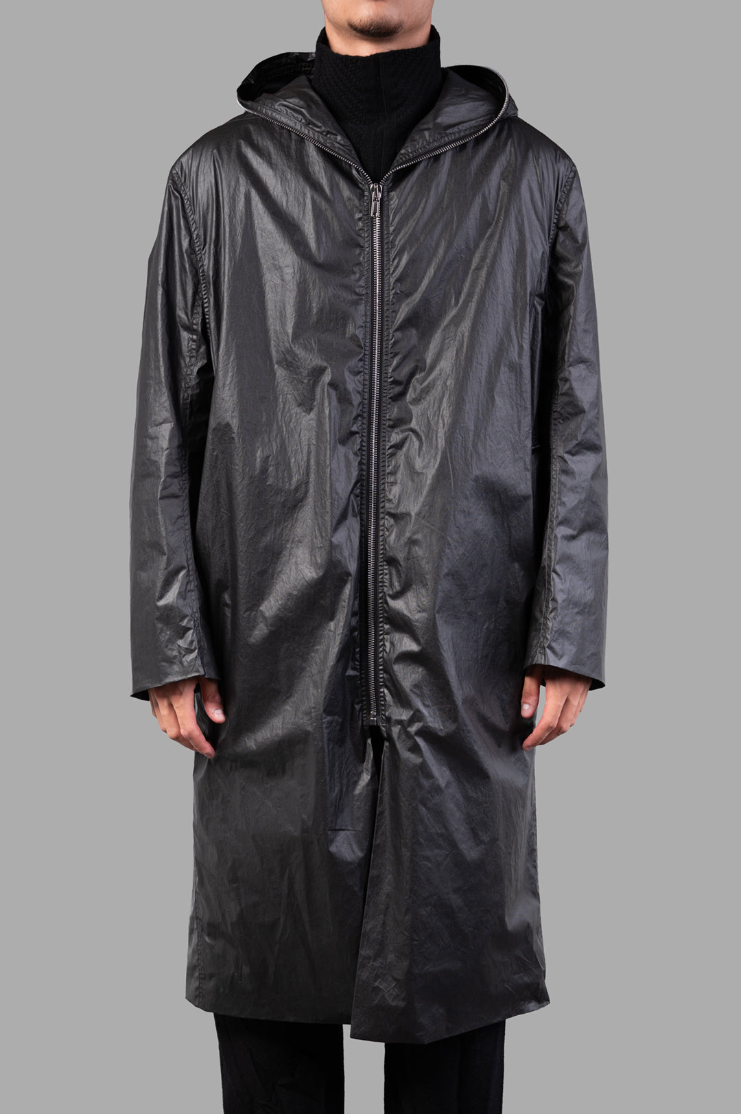 Rick Owens Concordians Gimp Mac in Black, showcasing a front view with a zipped closure and large hood, crafted from lightweight fabric.