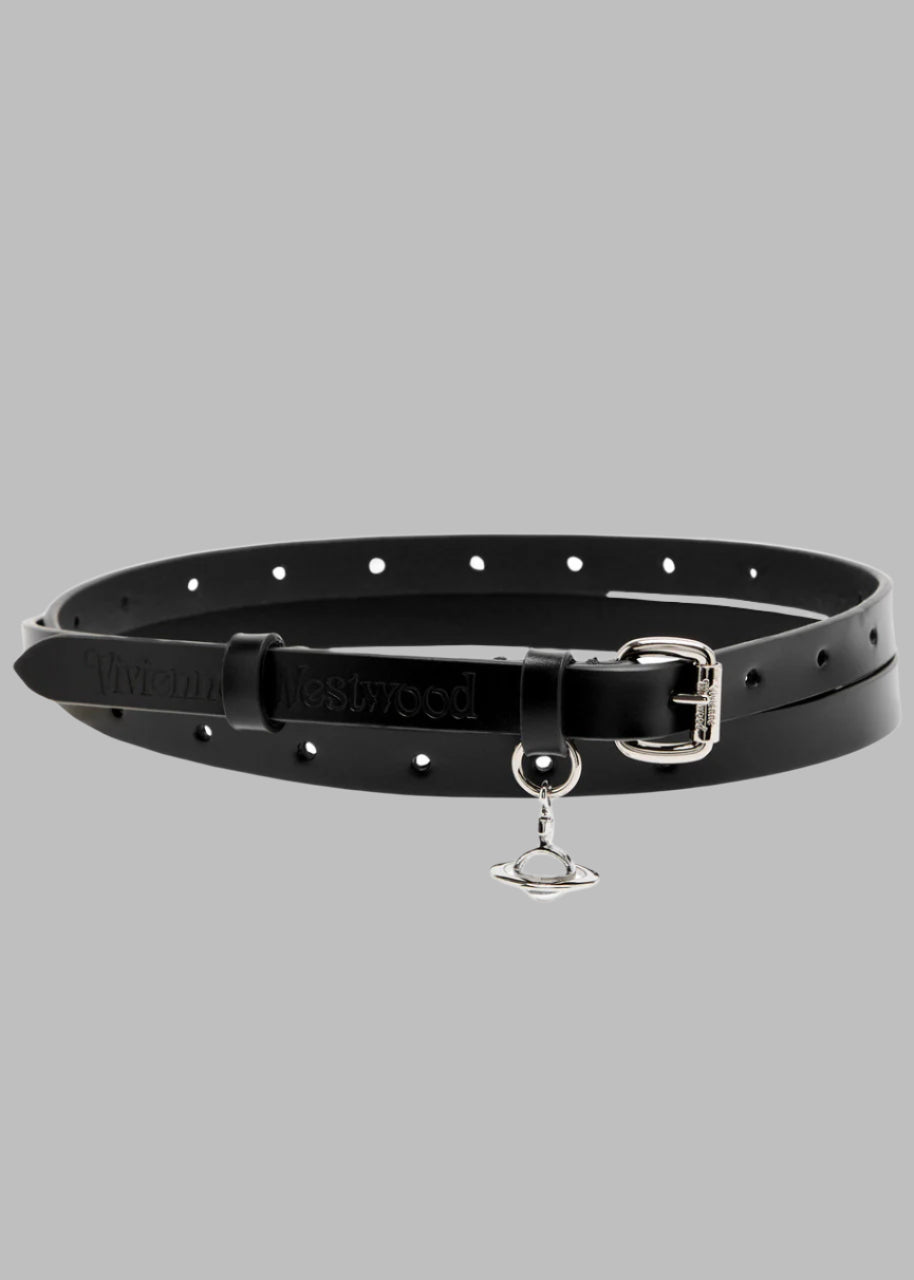 Vivienne Westwood Mini Alex Charm Belt in black leather, showcasing embossed logo, gold-tone buckle, and dangling orb charm.