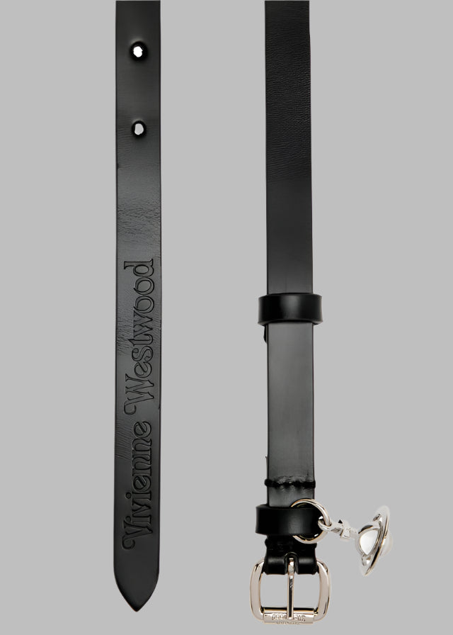 Vivienne Westwood Mini Alex Charm Belt in black, featuring a textured logo, sleek roller buckle, and a stylish dangling orb.