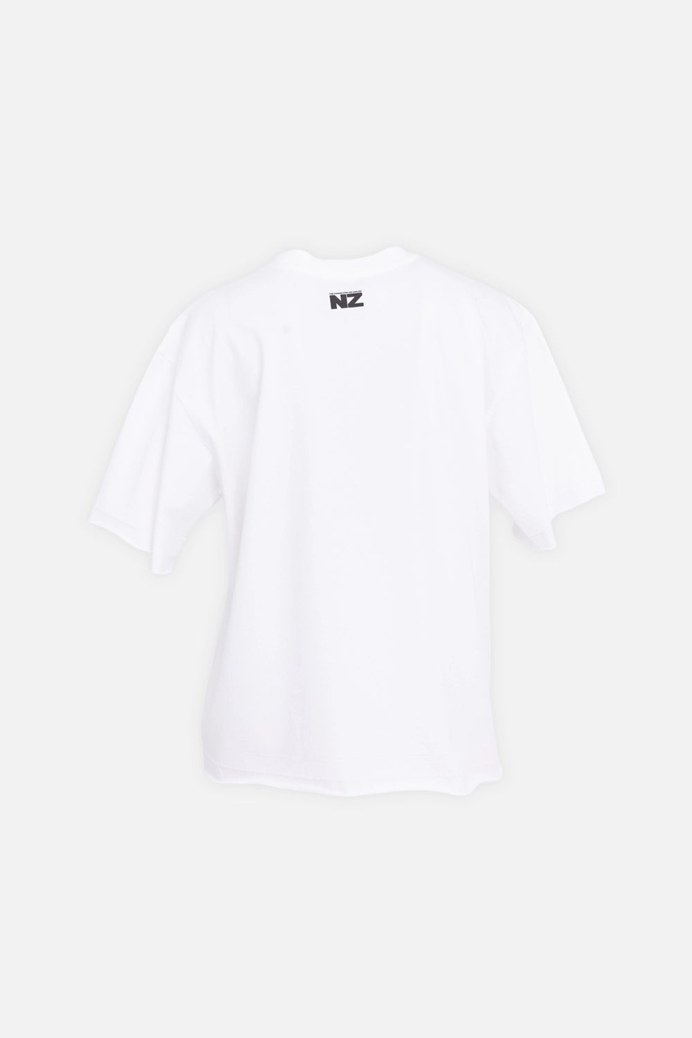 NZ white graphic T-shirt, back view with small NZ logo at neck