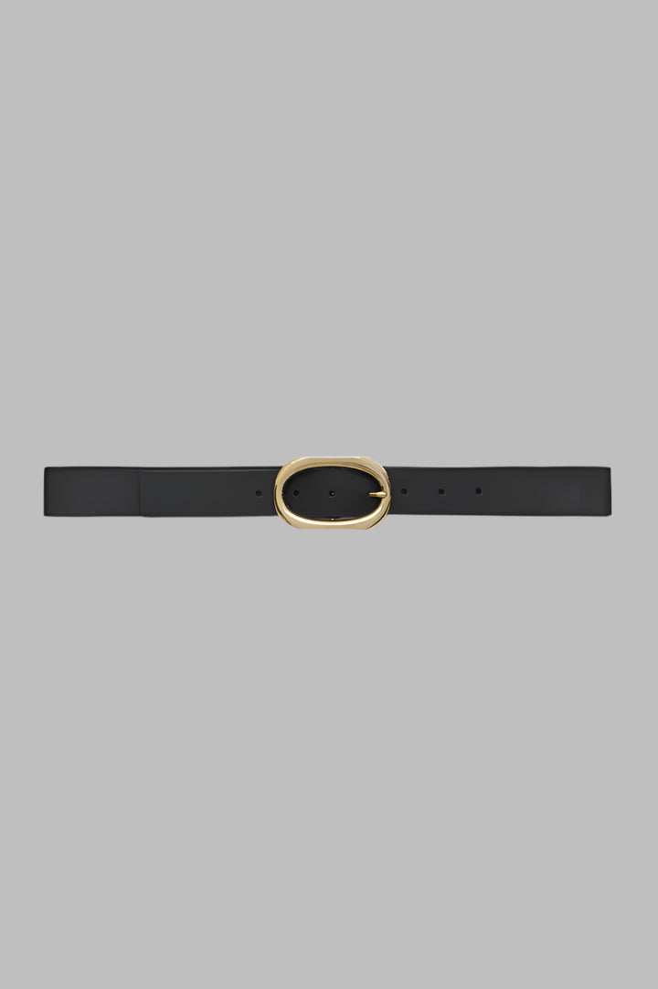 Anine Bing Signature Link Belt in black, featuring a sleek 100% cow leather design with a gold signature-link buckle.
